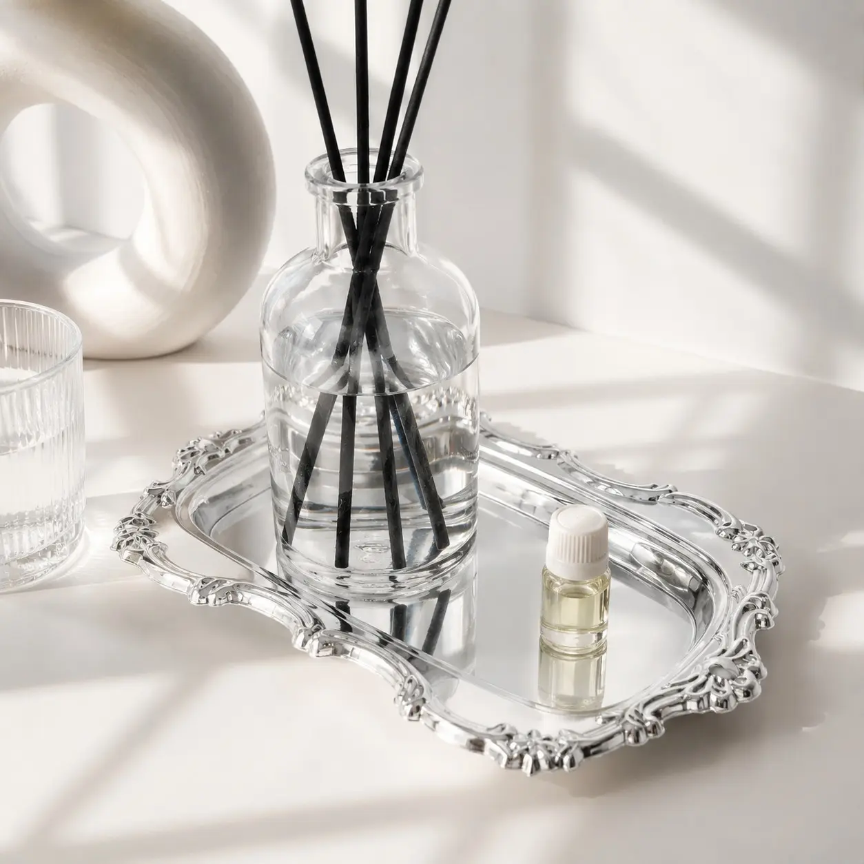 Small Silver Metal Tray Vintage for Reed Diffuser Perfume Aromatherapy Candle Trinket Dish Jewelry Ring Trays Trinket Dish for Cosmetics Organizer Bathroom Clutter Rings Earrings Necklace Organizer, Birthday Bridesmaid Gifts Small Ornate Jewelry Dish, Bat