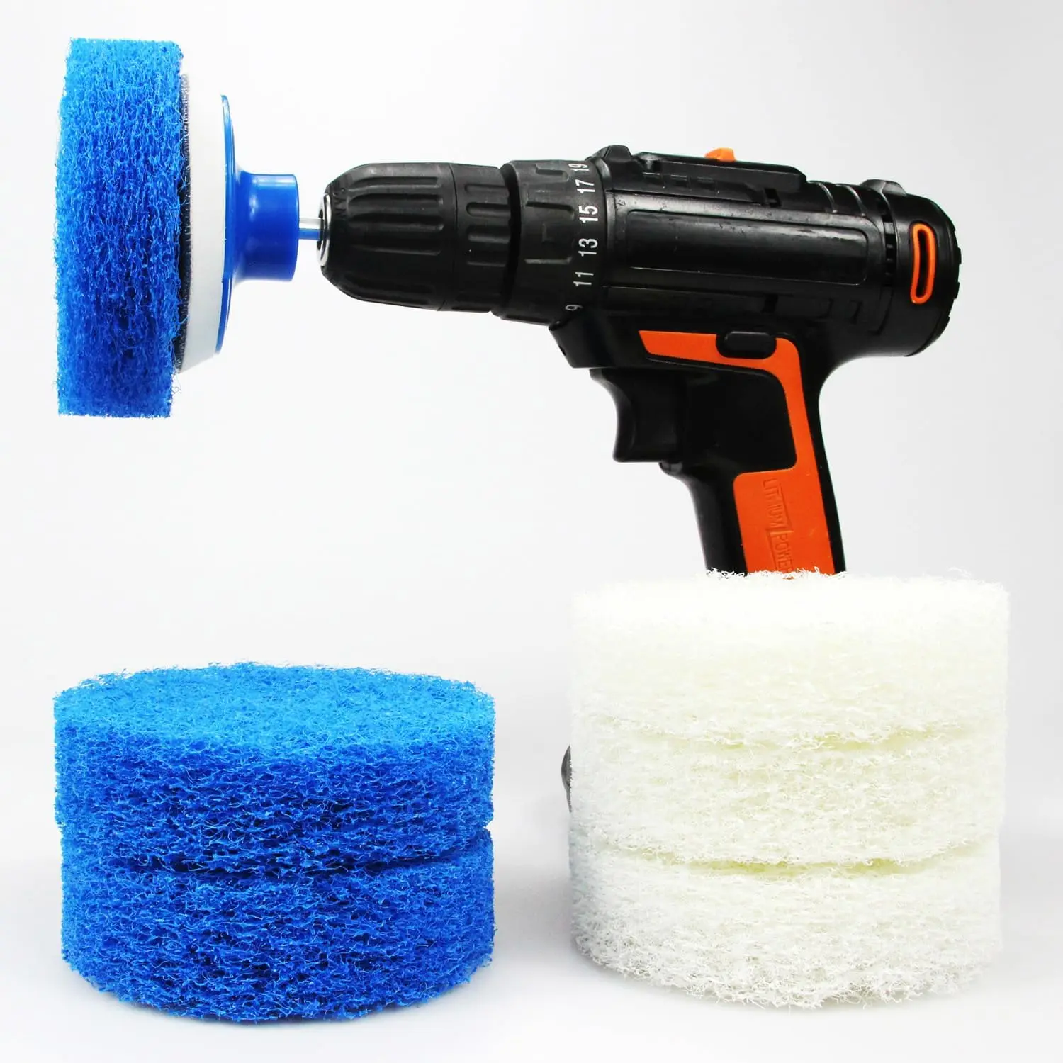 7 count Drill Brush Attachment Set - Power Scrub Pad Cleaning Kit – Power Scrubbing Drill Attachment - Cleaning Scouring Pads (Blue and White)