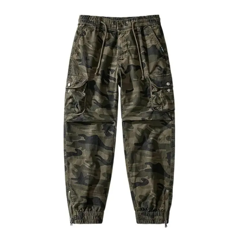 Men's Camo Cotton Blend Cargo Jogger Pants - Casual Wear with Waist Drawstring, Side Flap 3D Large Pockets, Elastic Cuffs, Vintage Functional Style, Sturdy Wear-Resistant Fabric, Suitable for Daily Commuting & Outdoor Use