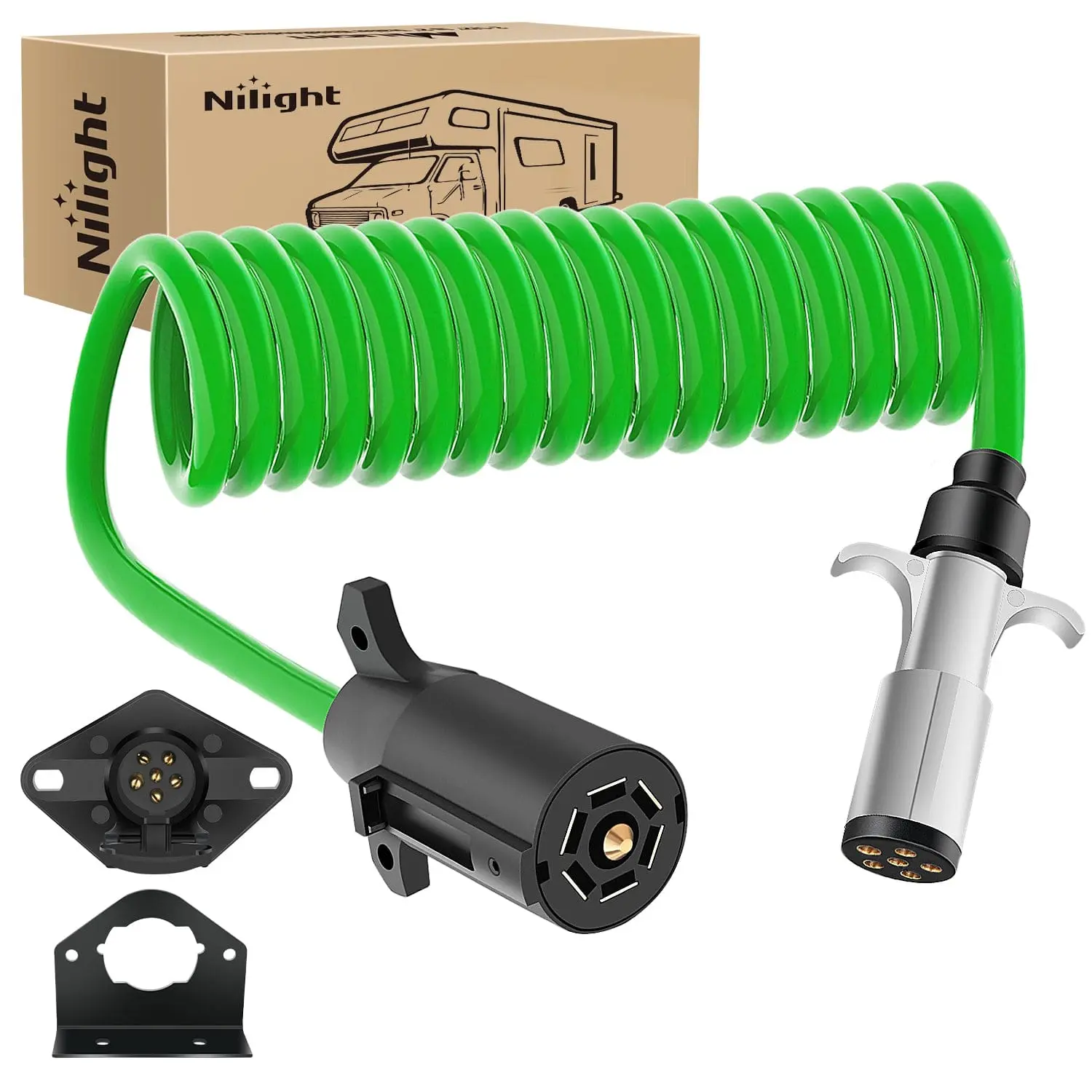 Nilight Coiled 8ft 7-Way to 6-Way Trailer Plug Adapter, Converts Automotive & Motorcycle Wiring Connections