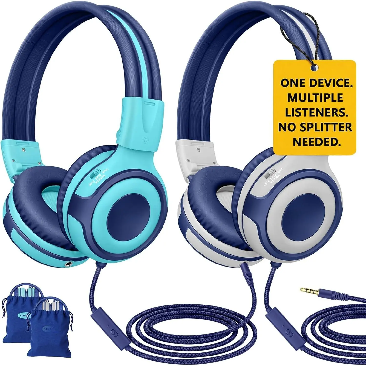 Manyshare Series-2 Pack  Headphones for School w/Share Port, 75/85/94dB Volume Limit, Wired Headphones with Mic for Chromebook iPad, Foldable Headset for Airplane/School/Gaming Boys Girls
