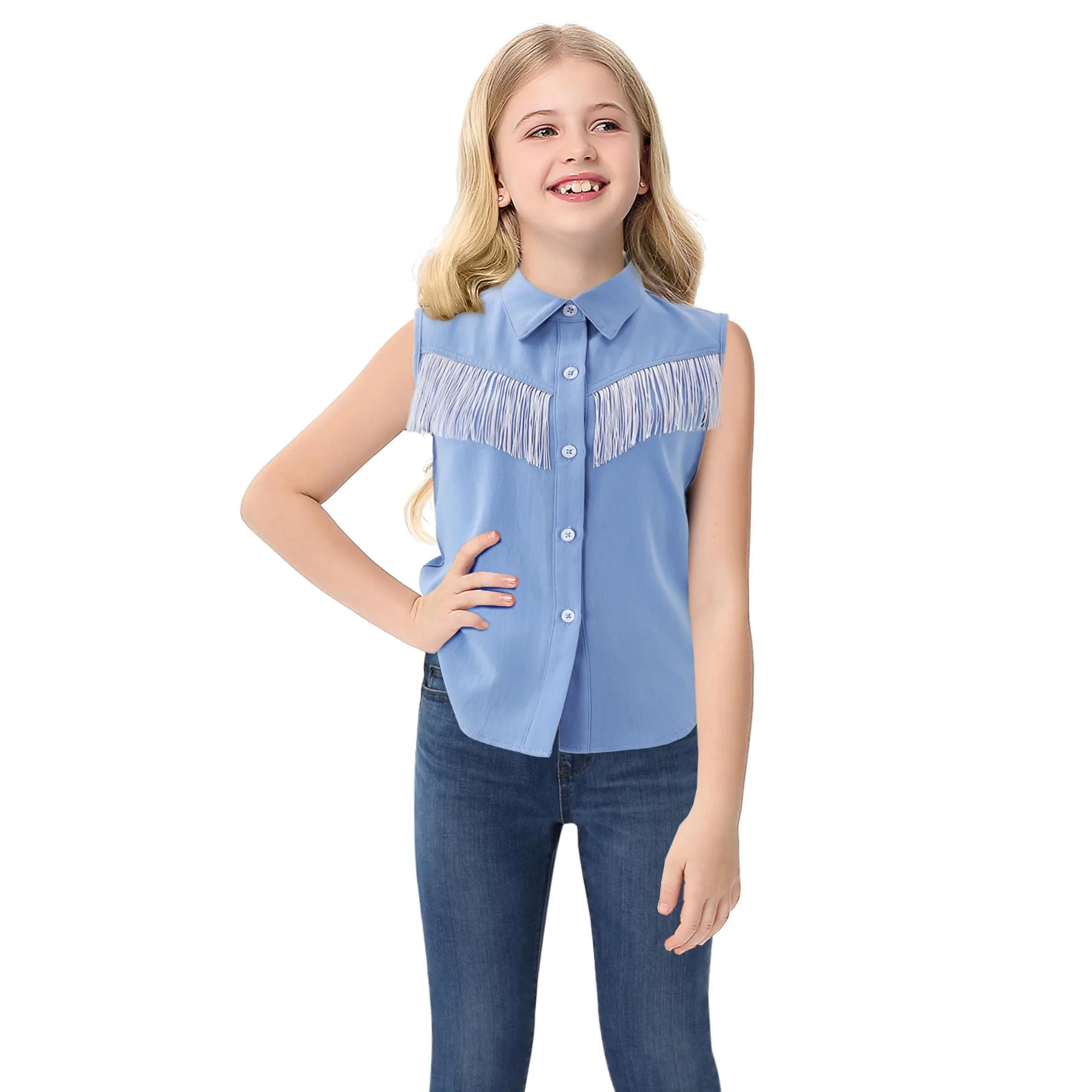 Girls' Western Fringe Shirt - Sleeveless Button Down Blouse, Casual Gingham Plaid & Solid Cowgirl Summer Outfits Top GSB
