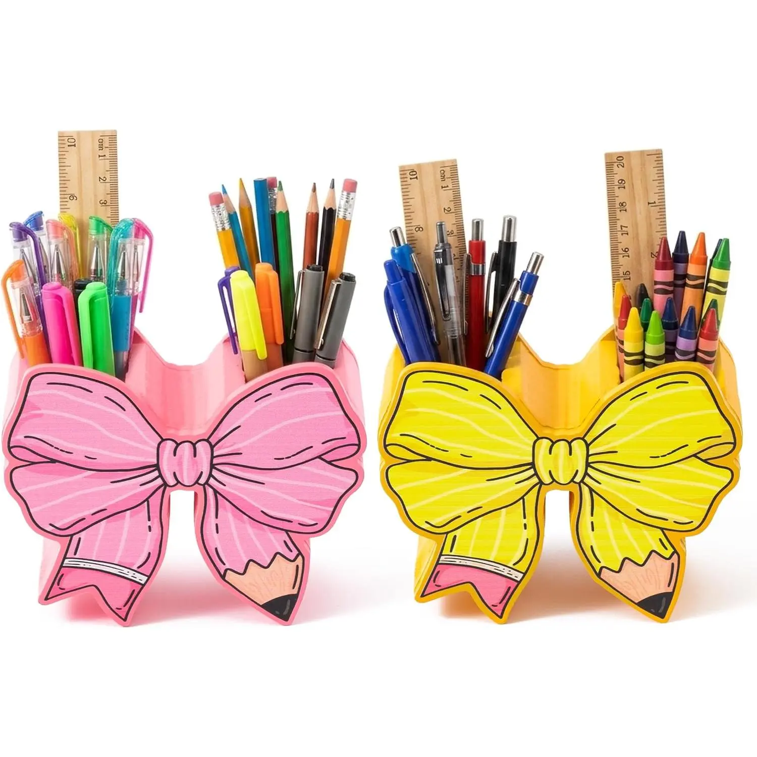 Bow Pencil and Pen Holder for Desk, 2  Yellow Stationery Storage | Cute Wooden Organizer for Teachers Students,  to School Dispenser Supplies, Classroom Office Worker Container Accessories