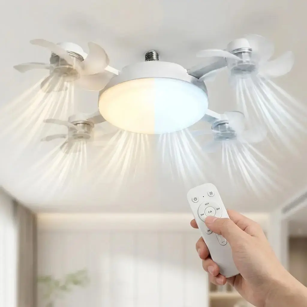 2026 New Socket Fan Light, Screw-in Ceiling Fan with Light and Remote Control, 2-in-1 E27 Dimmable LED Small Light Bulb Fan, Ultra-Quiet Energy-Saving Cooling Fan for Bedroom, Kitchen, Garage