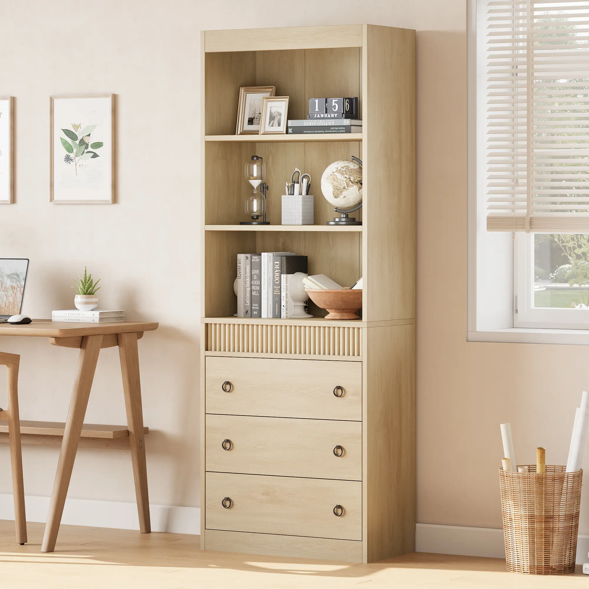 Bookshelf with Drawers Fluted Bookcase, White Bookshelf 6 Tier Bookcase with Storage, Tall Book Shelf with Waved Design, Storage Cabinet with Open Shelf for Living Room Office