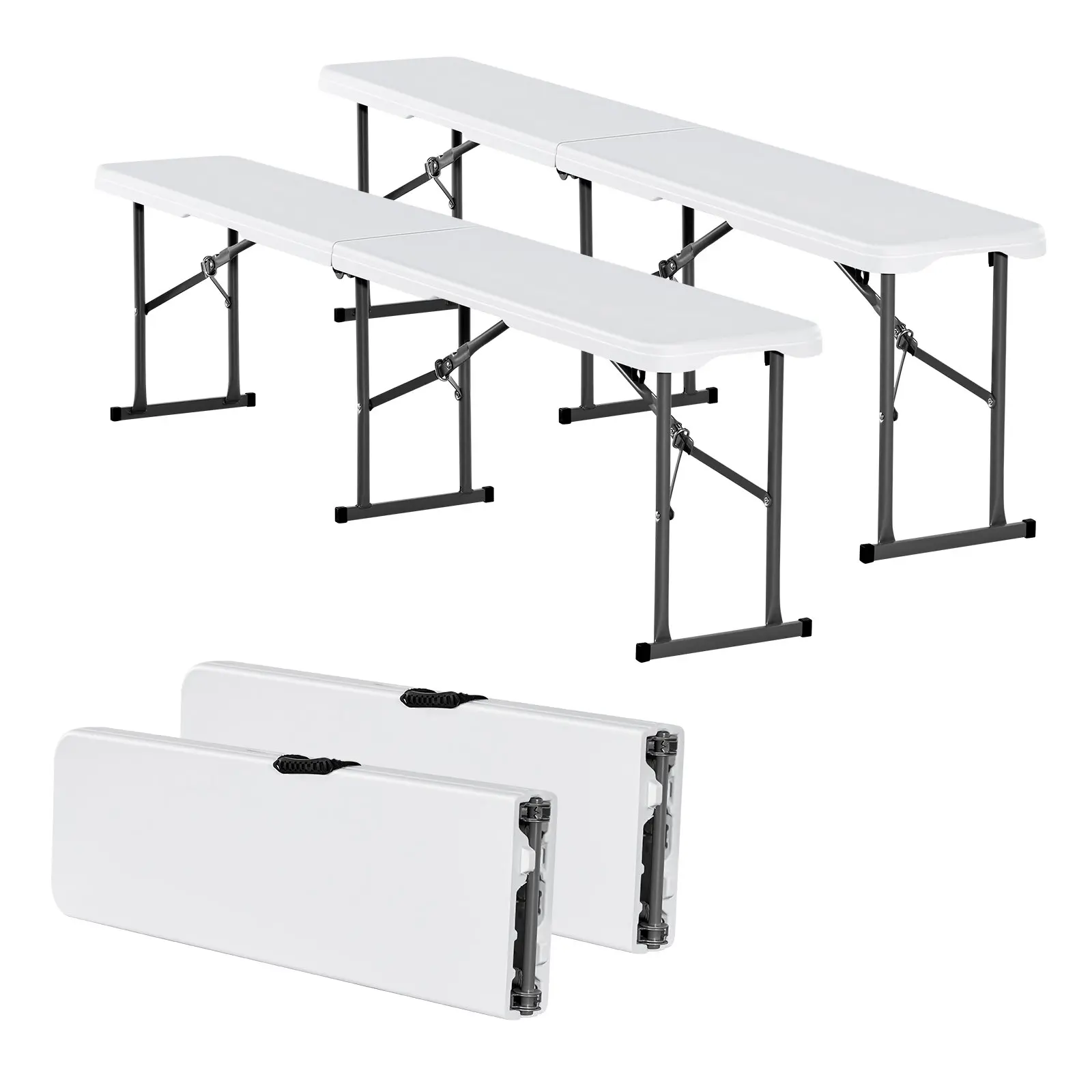 VEVOR 2 Pcs Lightweight Plastic Folding Benches, 6 ft 71.3 x 11.0 x 16.9 Inch HDPE Smooth-Seat Portable Seating for Camping, BBQ Parties, Indoor/Outdoor Multipurpose Use, White