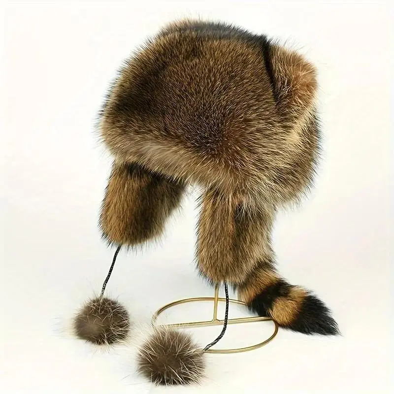 Faux Fur Raccoon Tail Aviator Hat Retro Y2K Detachable Fluffy Earmuffs Trapper Cap Windproof Warm Winter Ushanka Cosplay Costume Cottagecore Vibe Plush Headwear Unisex
