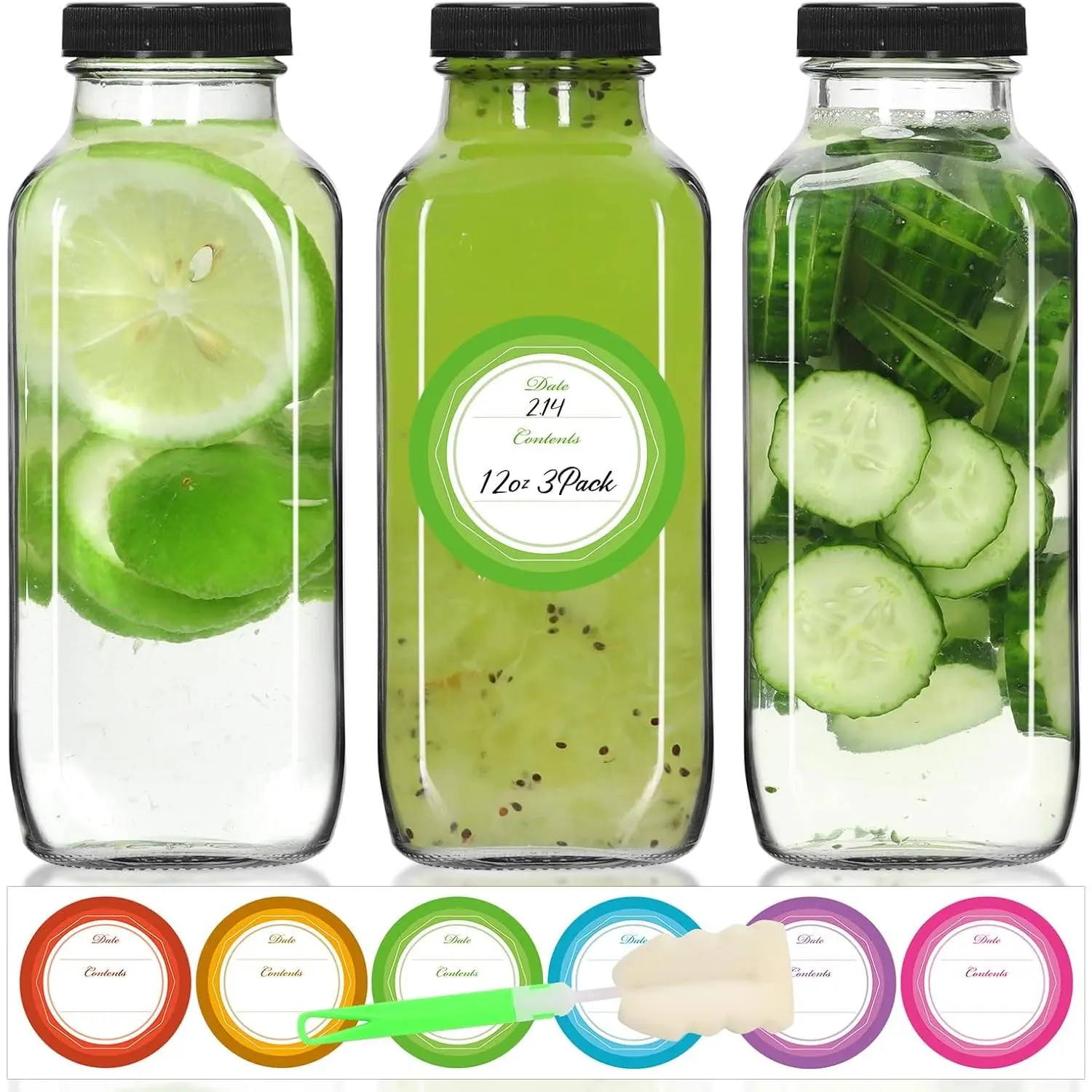 12 oz 3 Pack Glass Juice Bottles with  - Square  Drinking Jars for Juicing, Milk, Kombucha - Includes 1 Bottle Brush, 6 Colored Labels