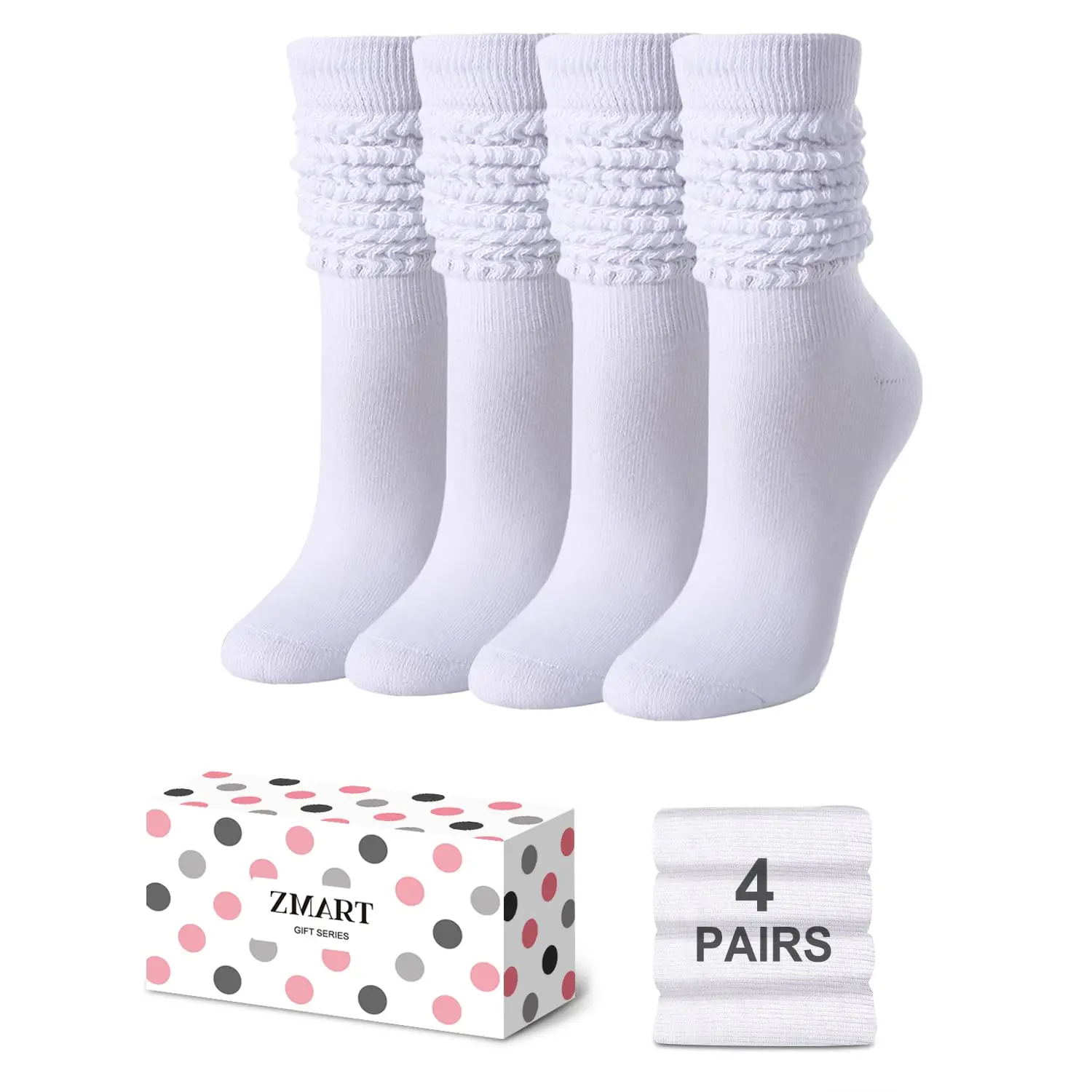 Zmart 4 Pairs White Scrunch Socks Women, Cotton Long High Tube Socks, Fun Cute White Slouch Socks for Women Girls, Fashion Vintage 80s Gifts, 90s Gifts White Socks