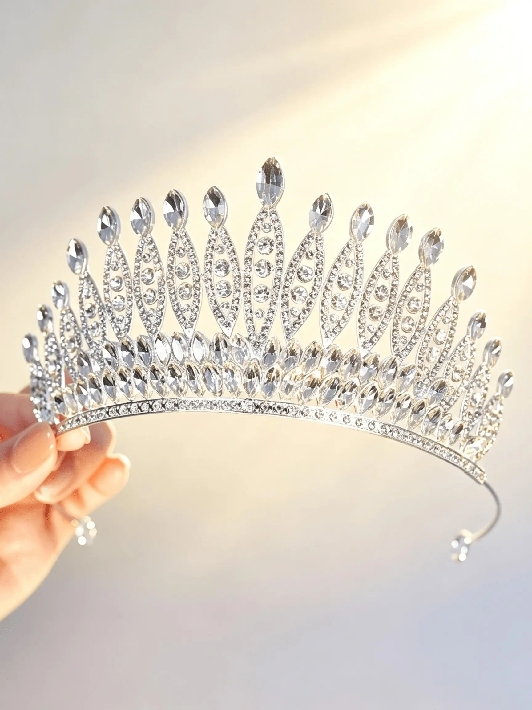 Women Silver Color Clear Crystal Rhinestone Tall Tiara Crown, Elegant Sparkling Bridal Headpiece for Wedding, Pageant, Quinceañera, Formal Events