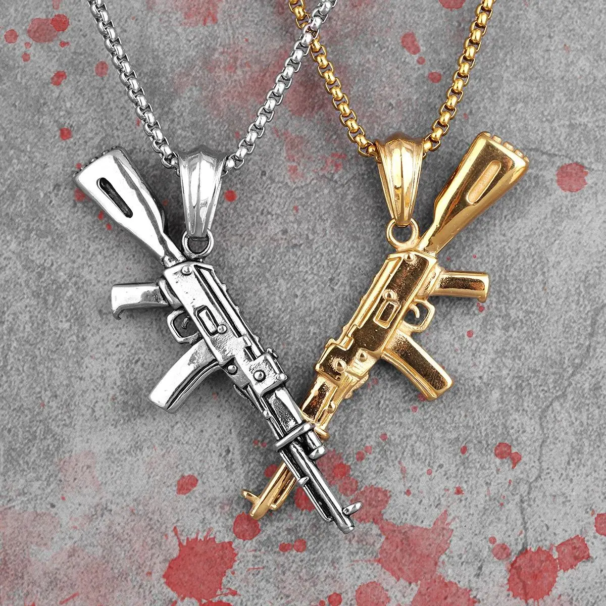 AK47 Long Gun Pendant Stainless Steel Chain Jewelry Necklaces, Punk Trendy Male Gift for Boyfriend, Wholesale Creative Costume Fashion Accessory