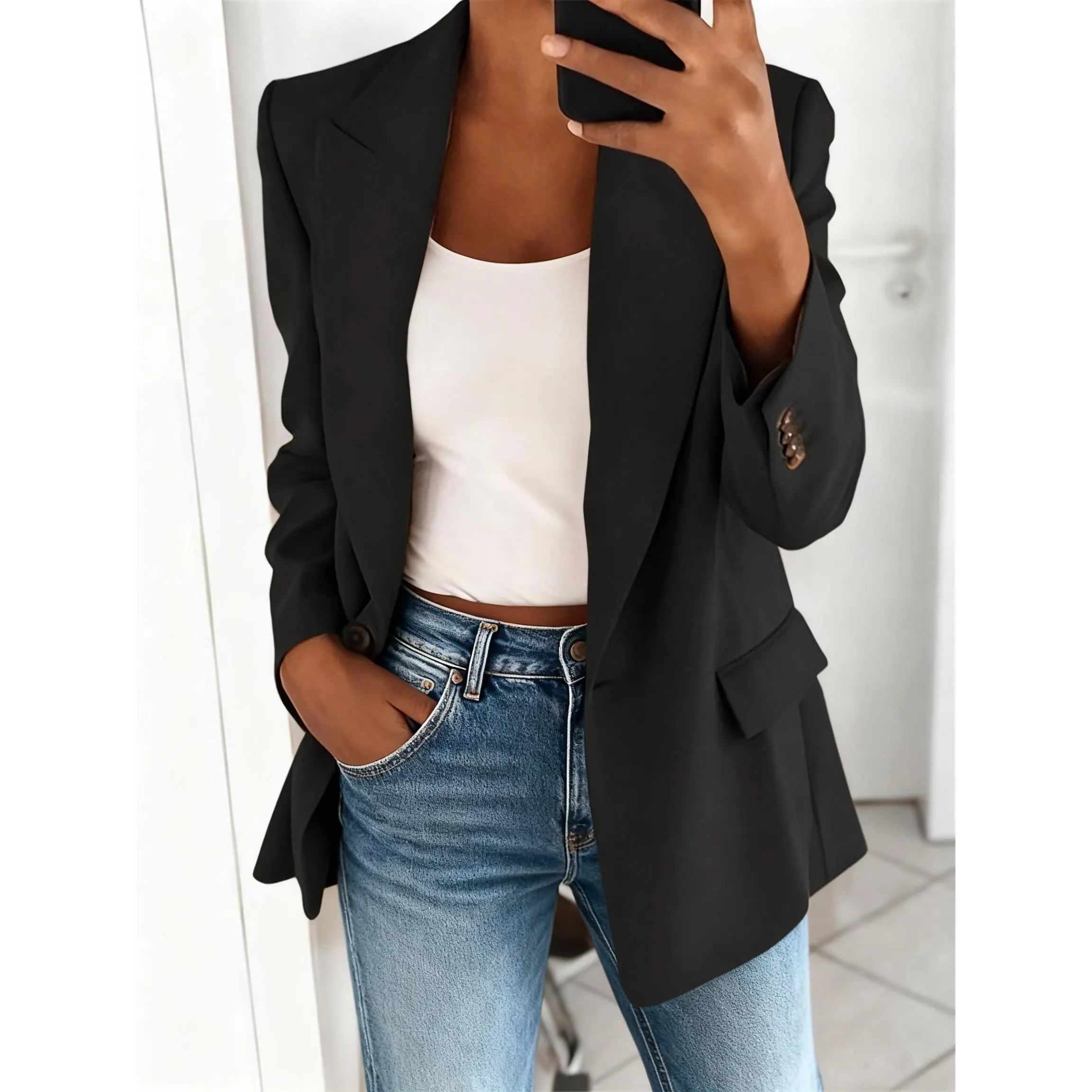 Plus Size Women's Solid Blazer, Chic Slim Fit Open Front Jacket, Minimalist Top for Business Casual and Teacher Outfits, Skirts, Black Top, Simple, Fitted, Basic, Comfortable, Pants