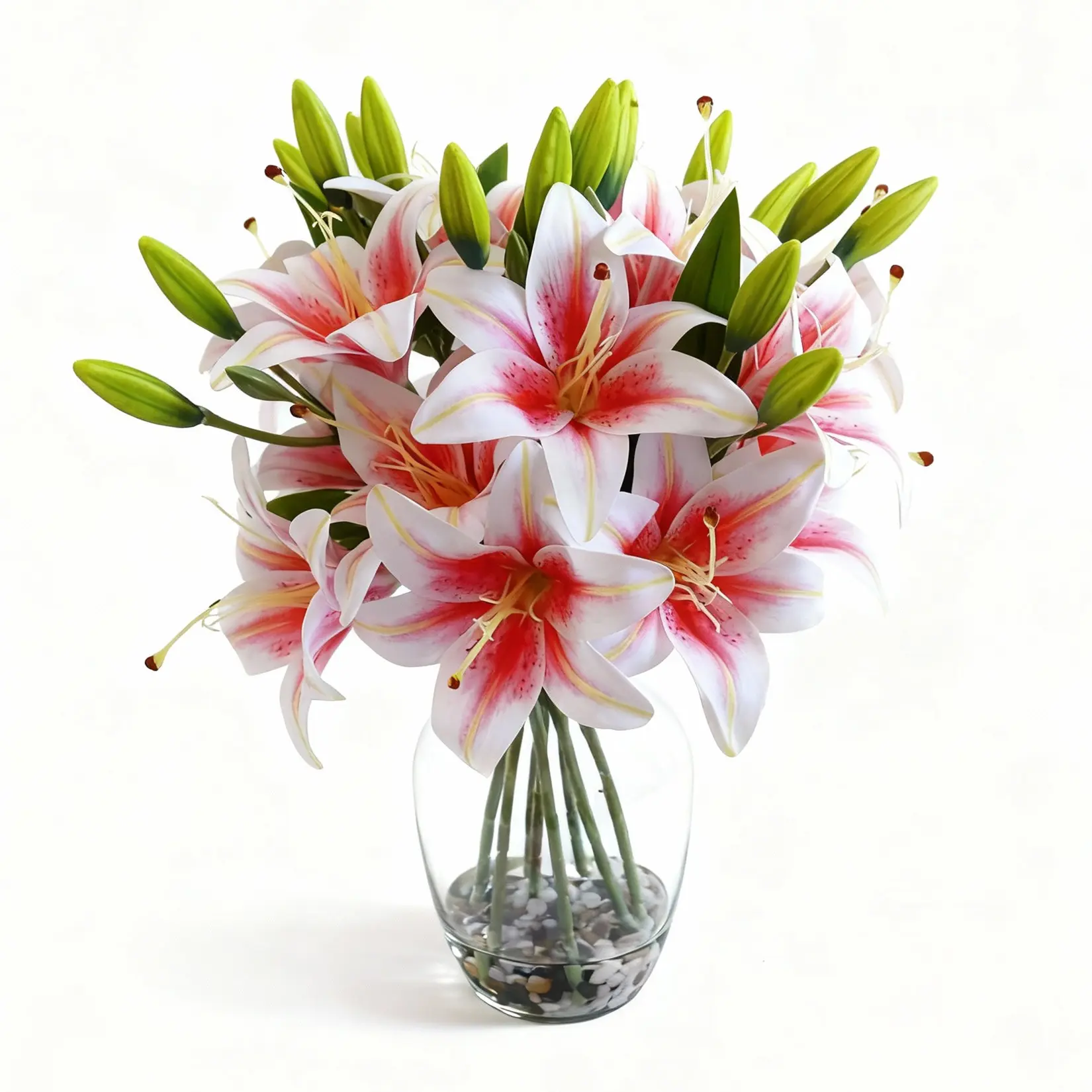 Handcrafted Decorative Artificial Lily Centerpiece Set - 15.7in Tall Lifelike Lilies Flowers with Glass Vase & Faux Water, Table Decor for Home Desktop, Anniversary Gift