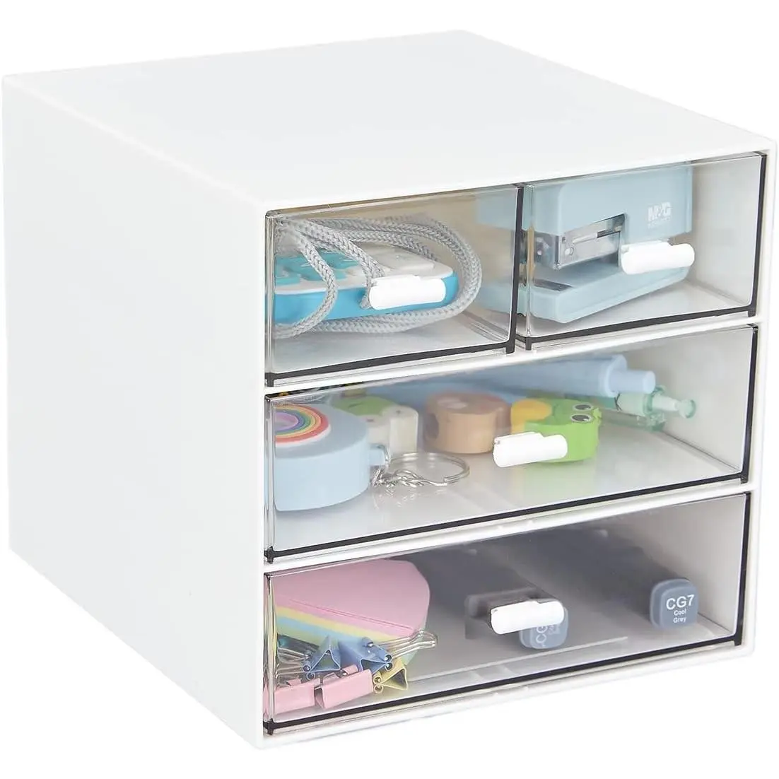 Desk Organizer with 4 Drawers, Clear Plastic Desk Storage Box, Desktop Organization for Office Supplies, Gel Pens, Pencils, Markers, Tape, Erasers, Paperclips, Chargers (White-4 Draws)Gift.