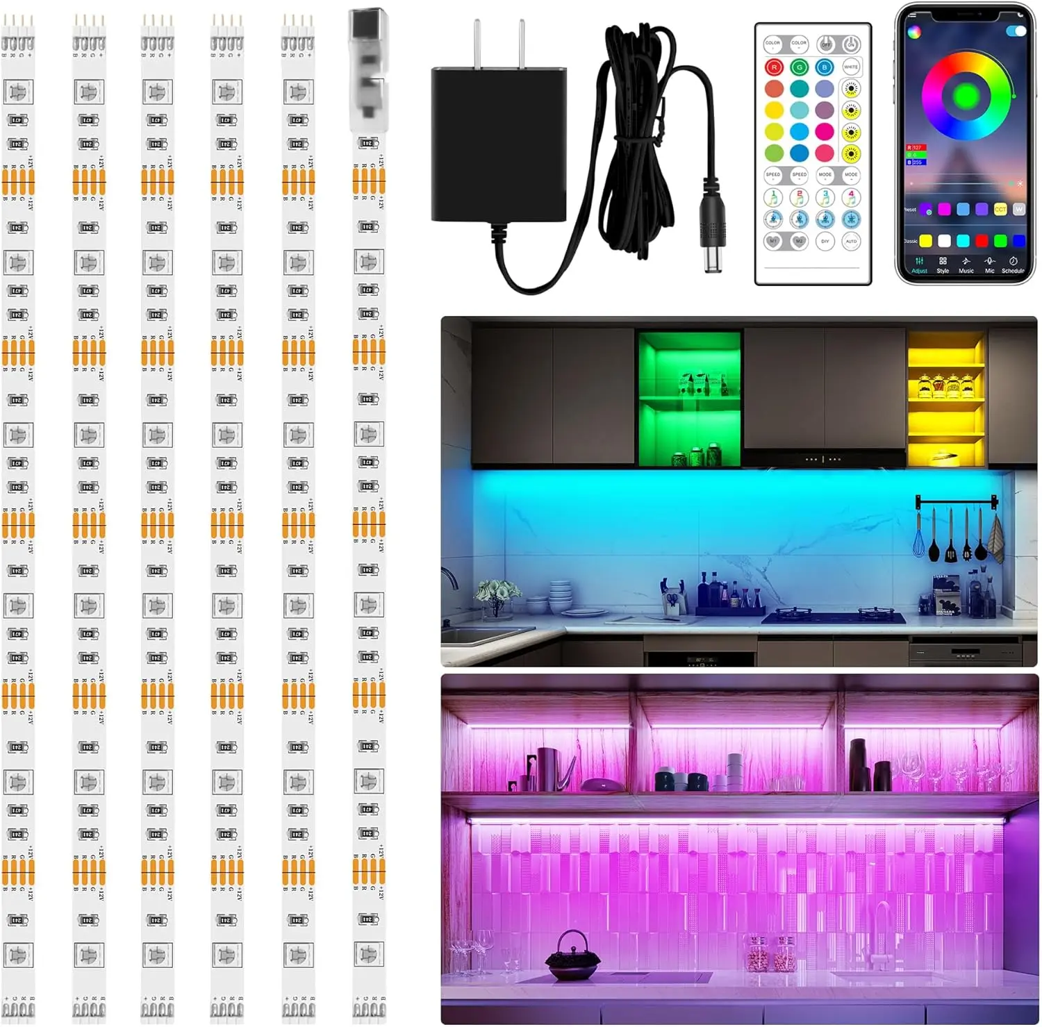 Self-Adhesive Smart 6-Piece RGB Under Cabinet LED Strip Lights Kit, 9.8ft (20in Segments), App & Remote Control, Music Sync Color-Changing, ETL-Listed Power Adapter for Home Improvement, Kitchen Counter, Wardrobe