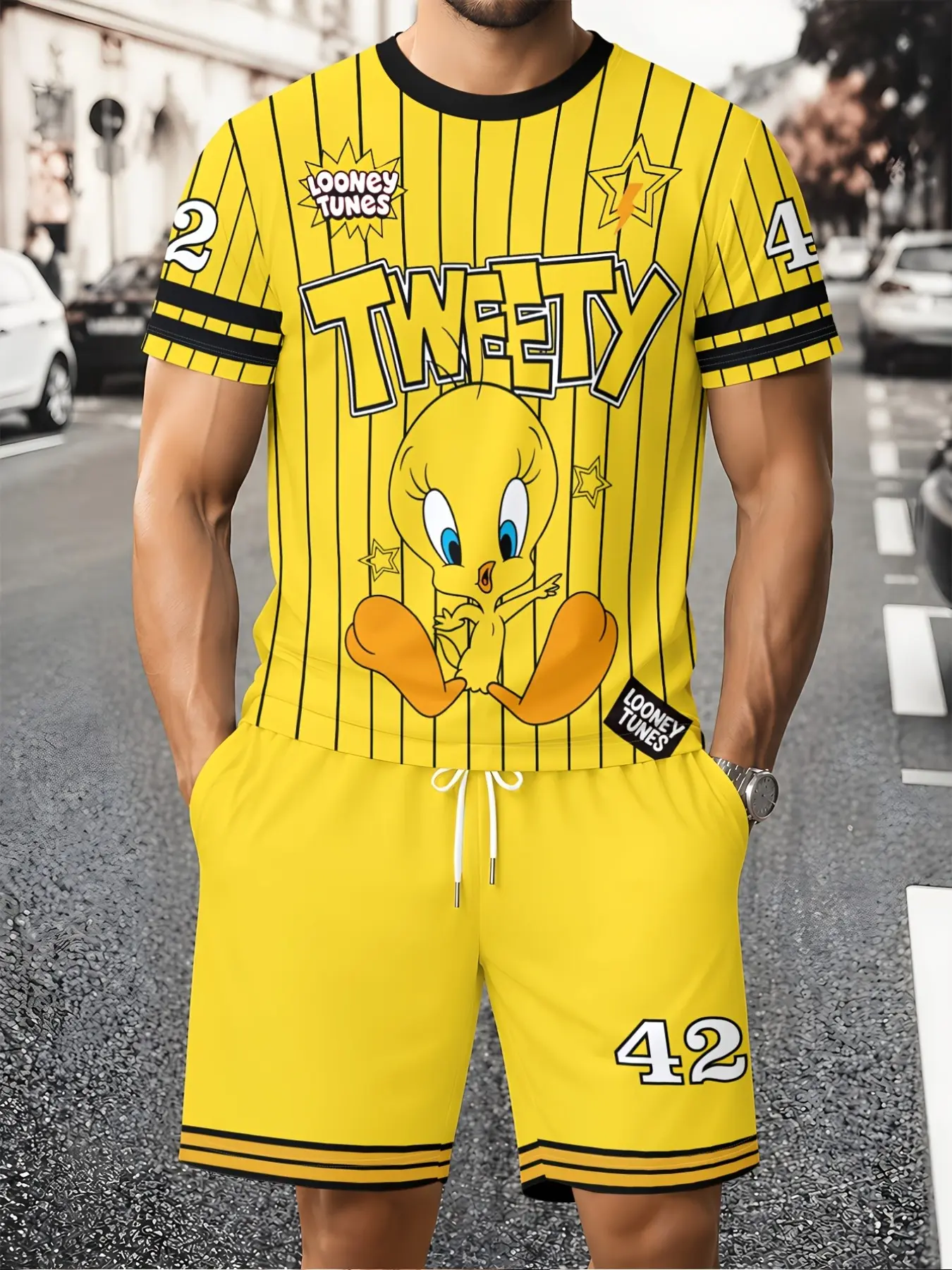 Warner Bros. Looney Tunes Tweety Bird Men's Short Sleeve and Shorts Set, Bright, Casual Sportswear, Mesh Breathable, 2pcs Set