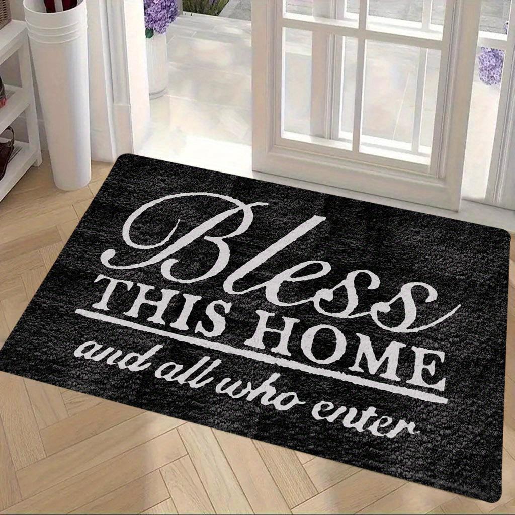 "Bless This Home & All Who Enter" Non-Slip Door Mat - Machine-Washable Indoor/Outdoor Mat with PVC Backing, Black & White Holiday Design for Entryway, Living Room, Bedroom, Kitchen, Entryway Decor, Elegant Script Style, Durable Floor Covering