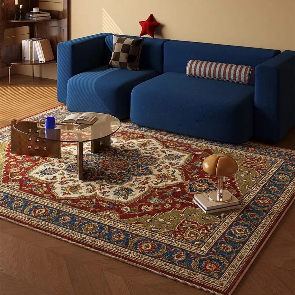 Large Size Velvet Fabric Vintage Persian Area Rug - 180cm*250cm/5.91'-8.2', Turkish Oriental Floral Carpet, Ethnic Retro Floor Mat for Living Room, Indoor Use