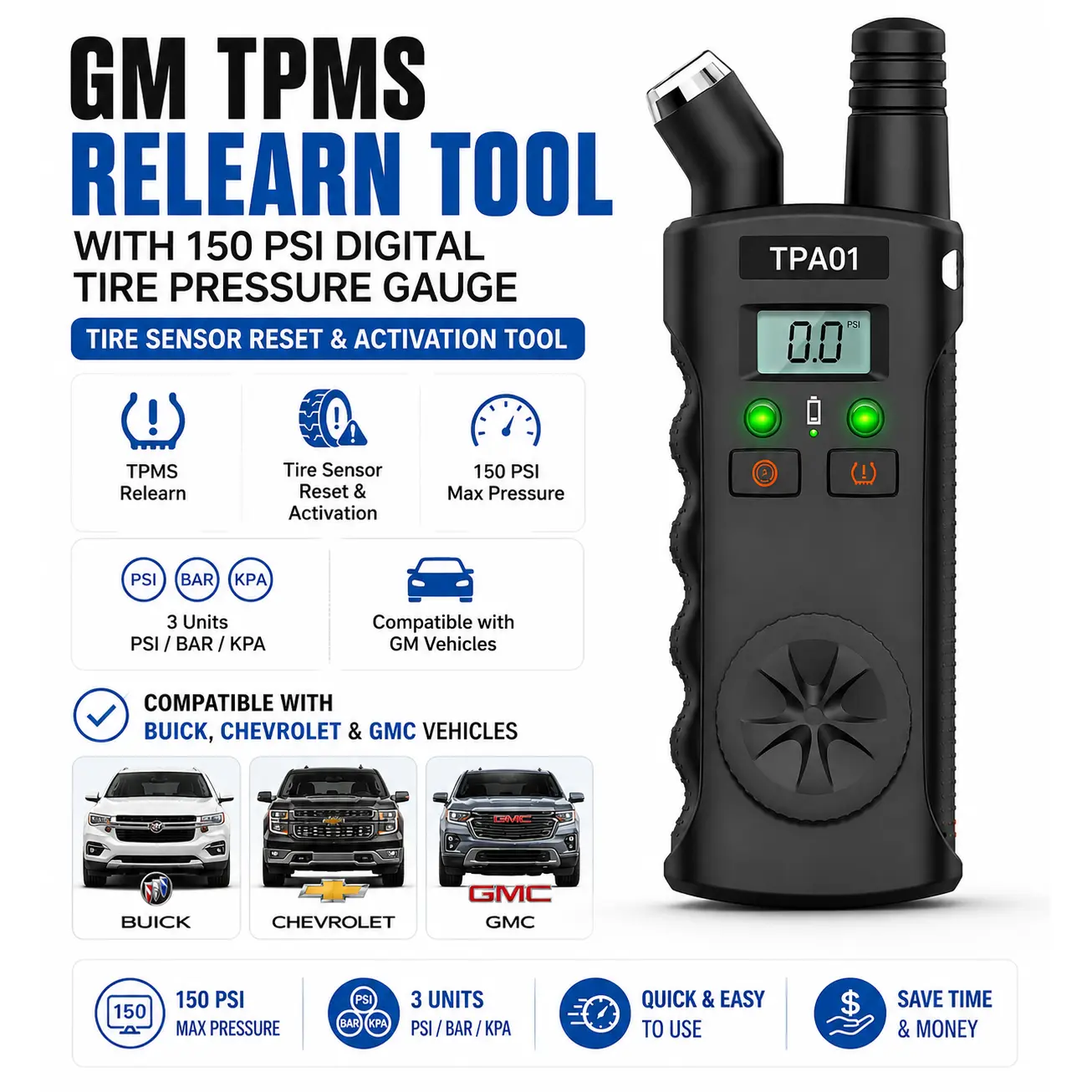 GM TPMS Relearn Tool with 150 PSI Digital Tire Pressure Gauge, Tire Sensor Reset & Activation Tool Compatible with Buick, Chevrolet & GMC Vehicles