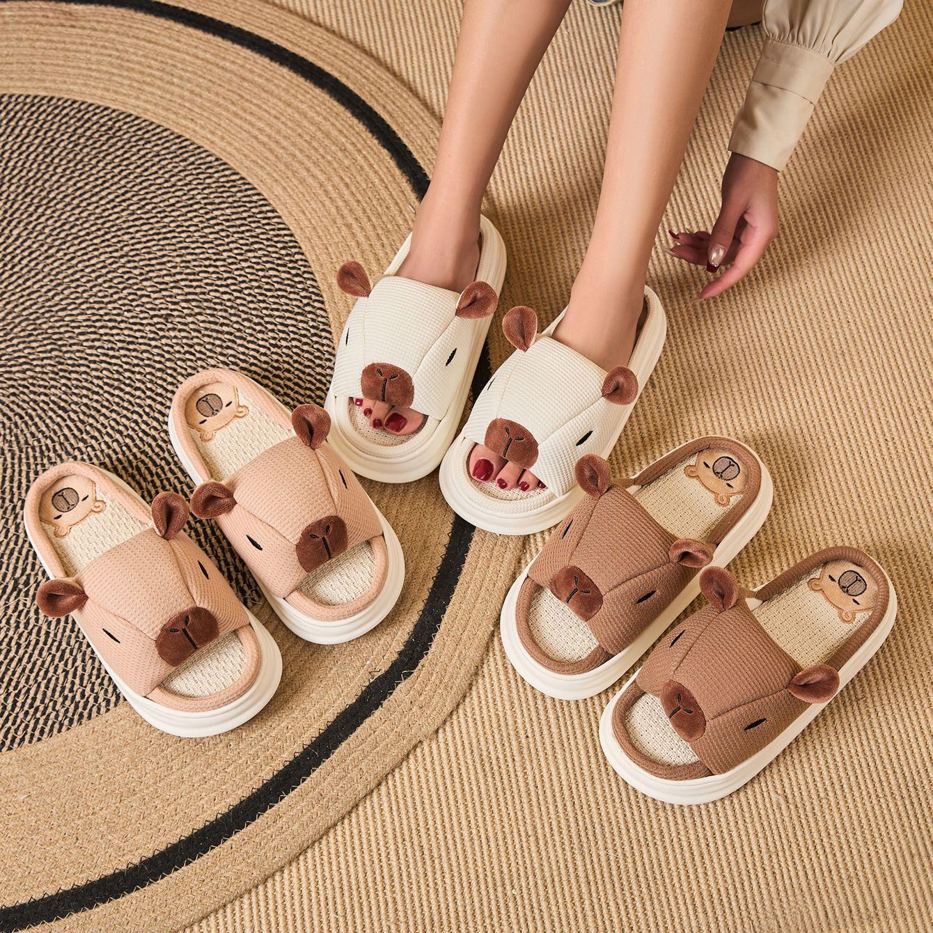 Kapibala linen slippers cartoon opening indoor opening cool slippers for women, cute style daily wear Flipflop Slide Footwear Walking Shoes Kapibala linen slippers cartoon opening indoor opening cool slippers for women, cute style daily wear Flipflop Slide Footwear Walking Shoes