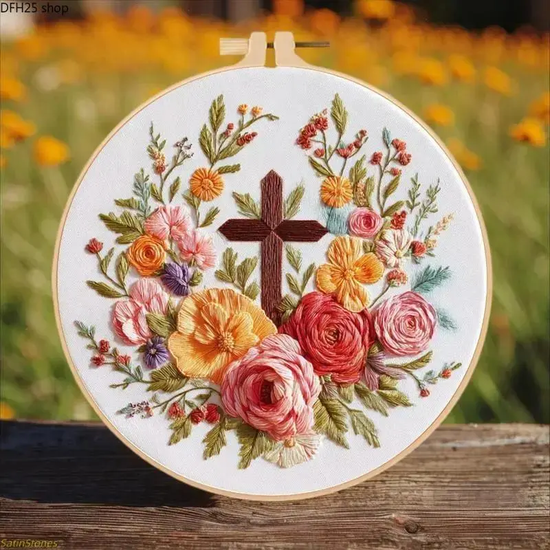 Cross Flower Handkerchief Embroidery Kit for Beginners, DIY Needlework Craft Set with Embroidery Materials and Stitch Guide for Home Decor