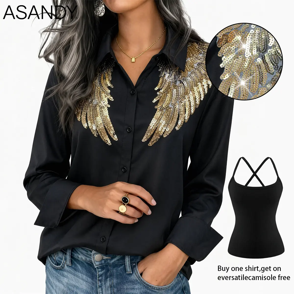ASANDY Women's 2-Piece Long-Sleeve Top Set - Gradient Gold Sequin Wing-Embellished Satin Button-Down Blouse with Collared Neck, Glossy Black Shirt, Buy 1 Get 1 Free Crisscross Back Layering Cami Tank for Glam Parties, Casual Wear, Polyester, Chic