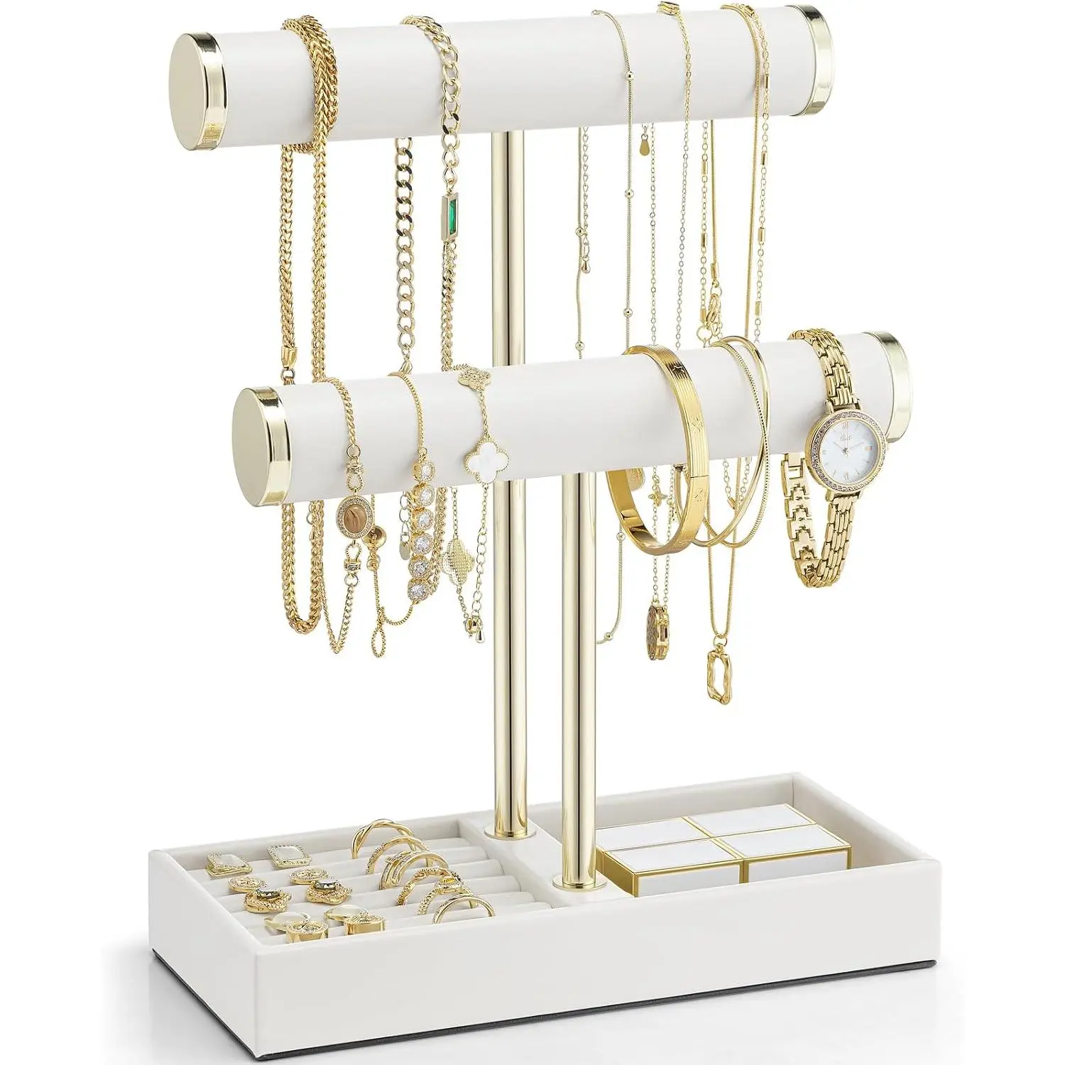 2 Tier Bracelet Holder with Tray - Leather  Stand Organizer for Women - Necklace Holder Display for Necklace, Watches, Rings, Earrings, Bangle, Scrunchie - White