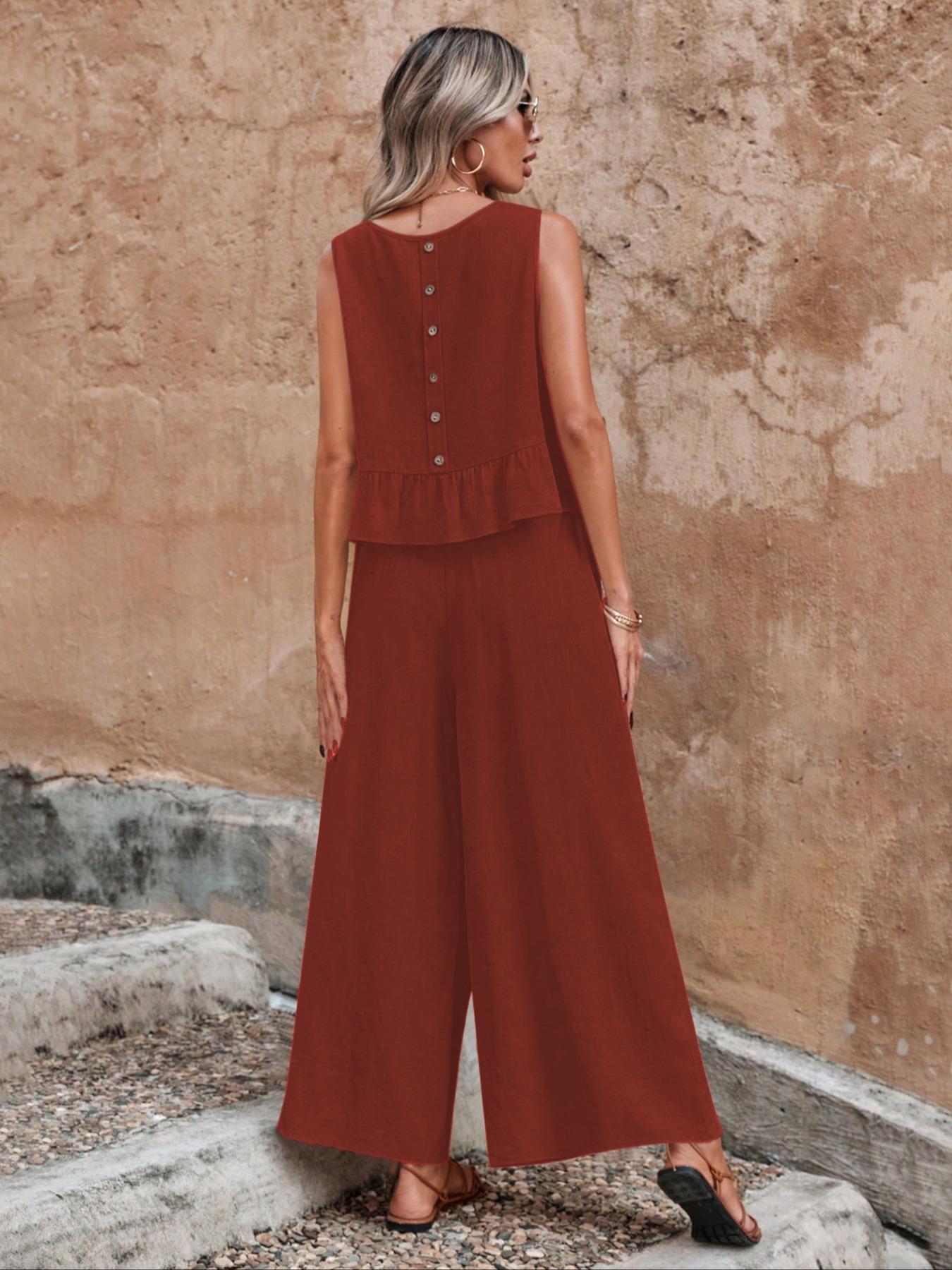 Women's Solid Ruffle Hem Tank Top & Elastic Waist Wide Leg Pants Set, Casual Button-Detail Round Neck Top & Pocket Trousers, Ladies Summer Clothes, Clothing Sets