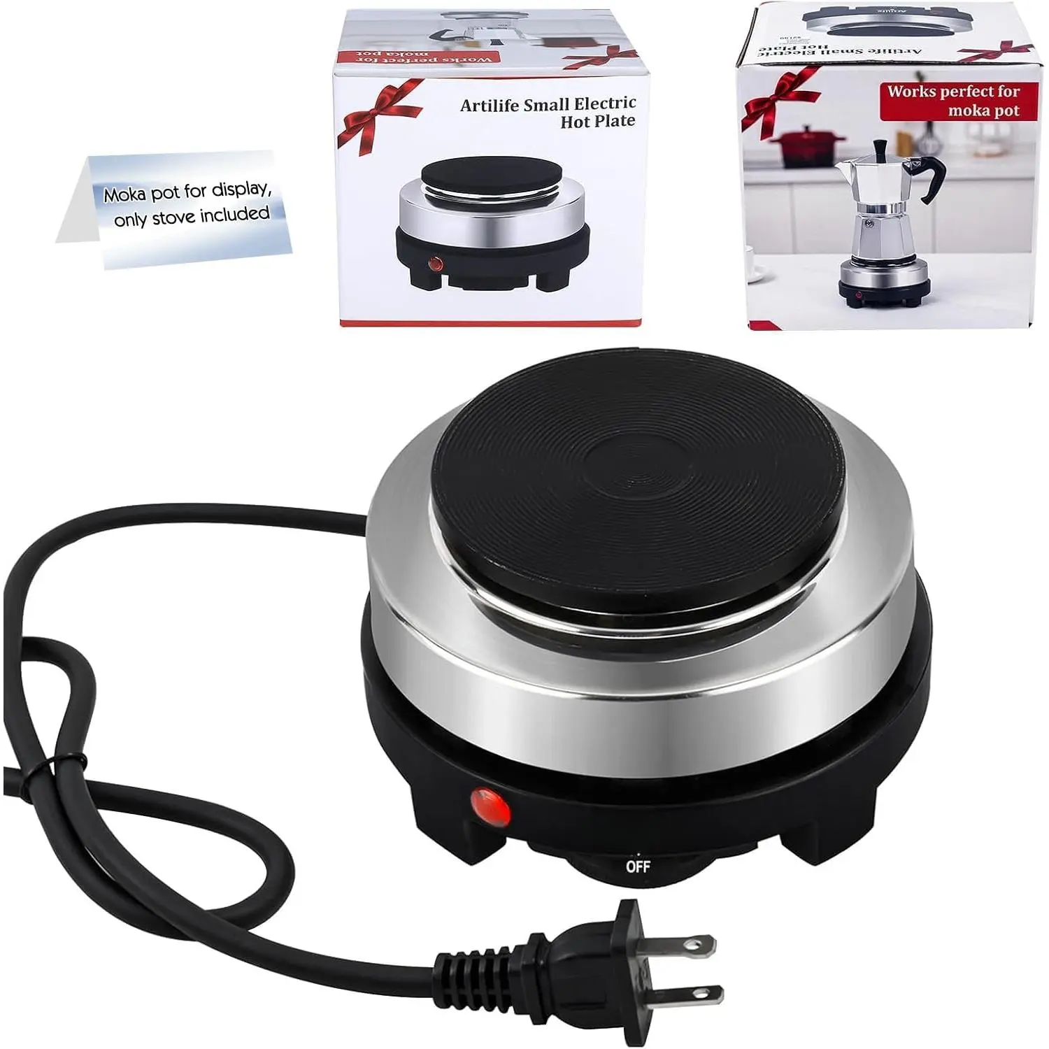 500W Portable Electric Hot Plate Stove - 110V Compact Cast Iron Unit with 4" Burner, Low-Wattage Option for RV Campers, Moka Pot Coffee Use (Silver), Portable Stove
