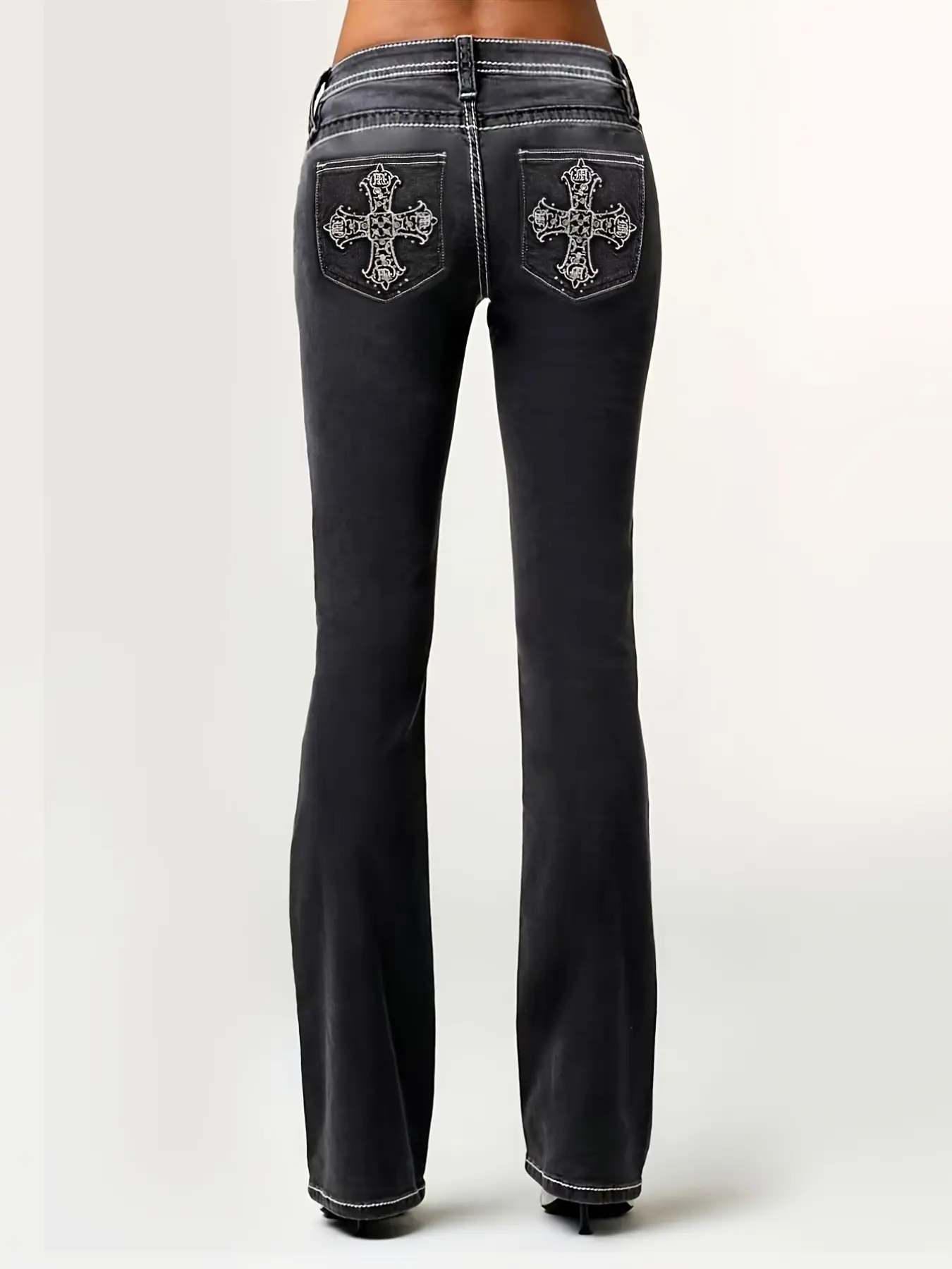Low Waist Distressed Micro Flare Jeans for Women, Retro Cross Stitch Back Pocket, Y2K Streetwear Long Pants, Fashion