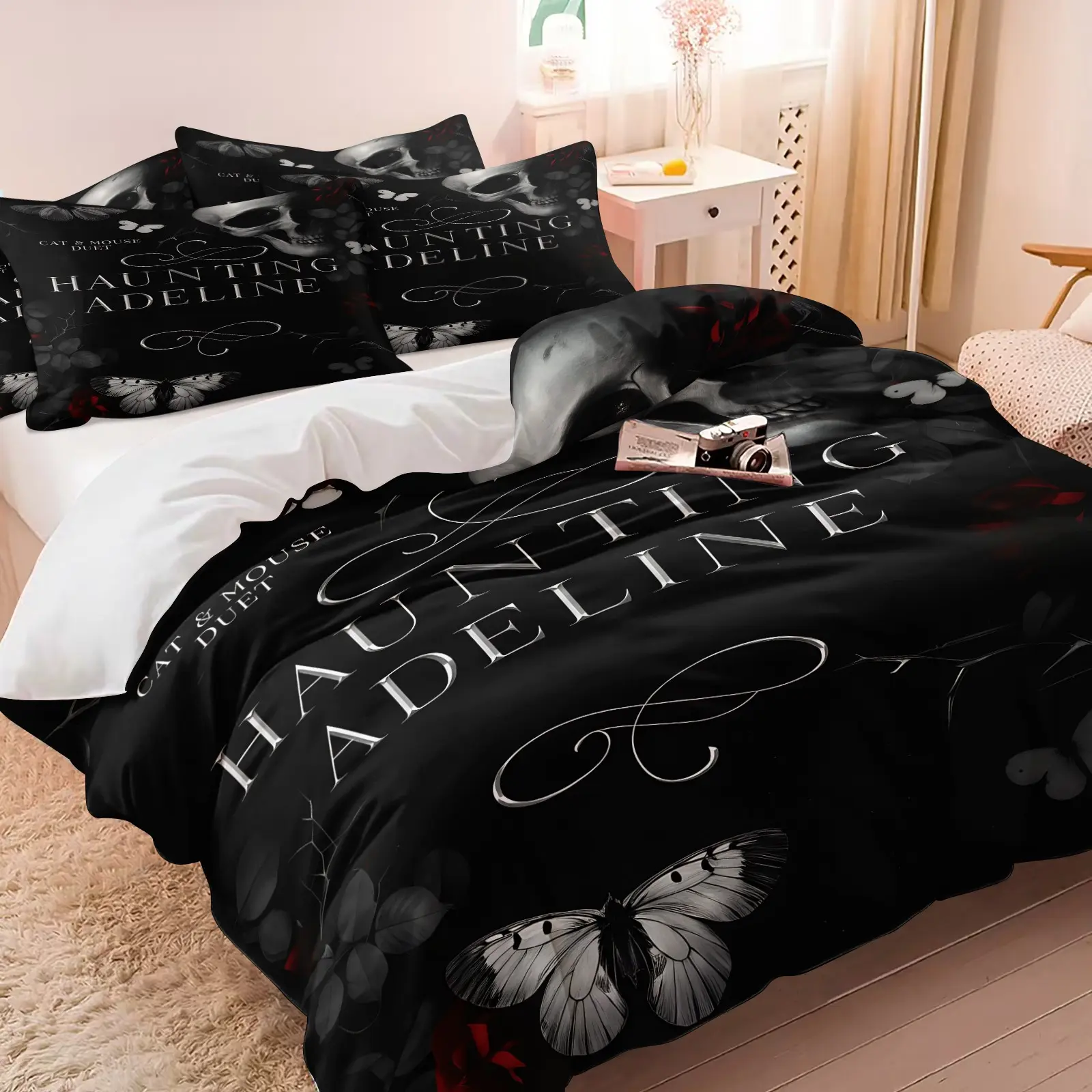 Haunting Adeline Dark Gothic Skull Moth Butterfly Black Duvet Cover Set, Theme Bedding Set, 1 Duvet Cover + 1/2 Pillowcases, Soft Skin-Friendly All Season Bedding, Gift For Dark Romance Book Fans, Gothic Lovers & Dark Aesthetic Bedroom, Bedding Set