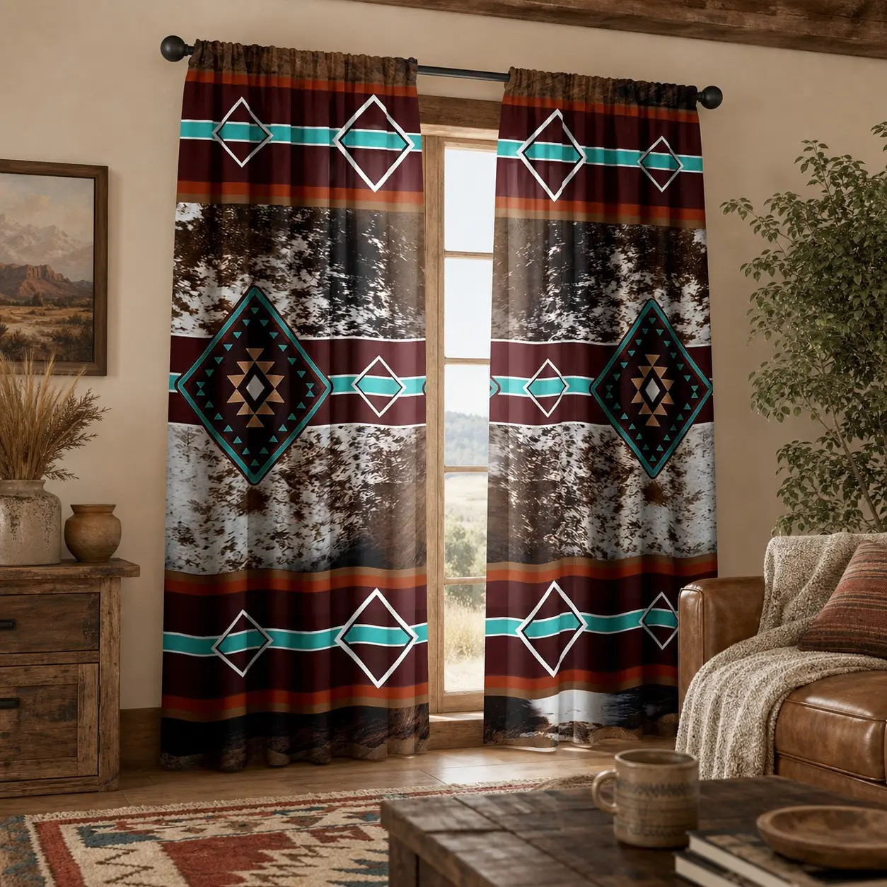Western Style Curtain Set, Southwest Cow Print Curtains, Aztec Design, Semi-Sheer, Living Room Bedroom Decor, Curtain Panels, 2 Pieces
