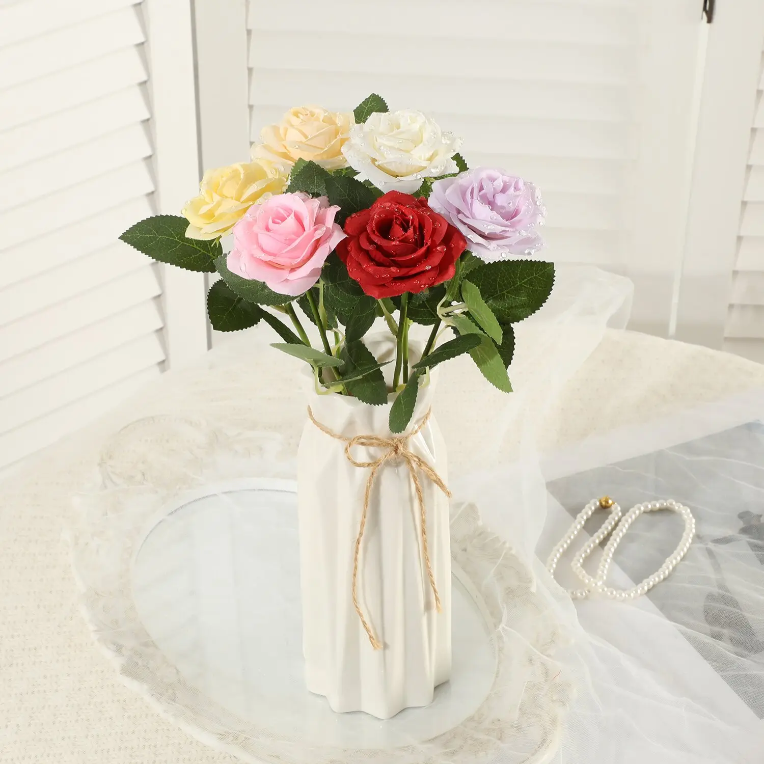12 pieces of creative water-drop dewdrop rose artificial flower decorations for living room, table centerpieces, table bouquets, silk flower arrangements, and flower arrangement art pieces, Artificial Roses, Artificial Flowers Indoor