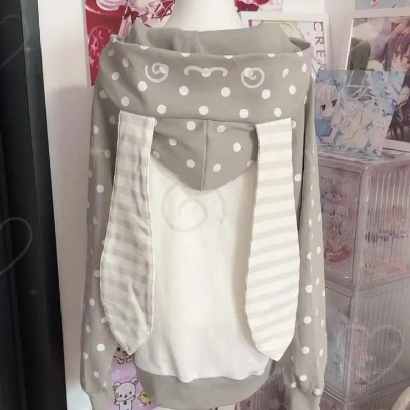 Women's Japanese Kawaii Rabbit Ear Hooded Sweatshirts, Sweet Cute Zip-Lace Polka Dot Print Loose Casual Fashion Overcoat