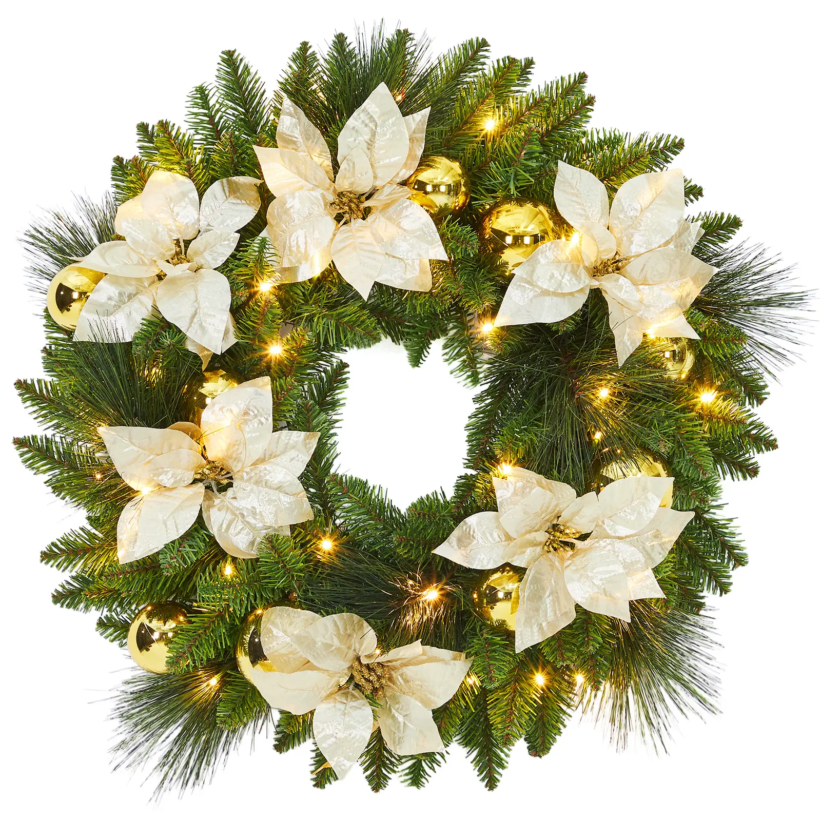 24 Inch Pre-Lit Christmas Wreath, Battery Operated with Timer. 50 Warm White LEDs, Pinecones, Berries, Baubles. For Front Door, Wall, Window, Fireplace. Weather Resistant, Wireless Holiday Decor. Easy Hang