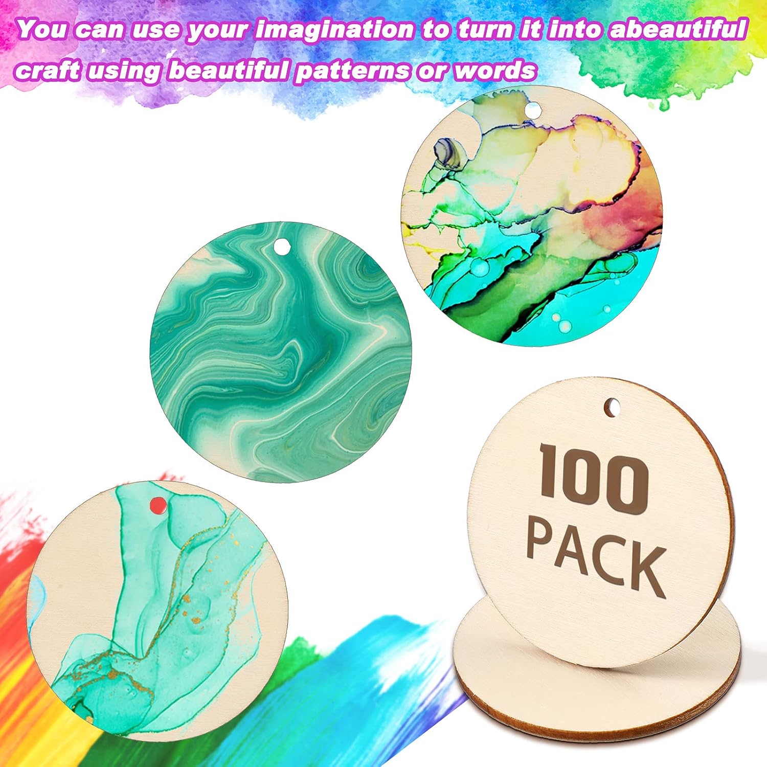 100 count Unfinished Round Wooden Circles with Holes Round  Discs for Crafts Blank   Circle Cutouts for DIY Crafts Party Birthday Christmas Decoration (2 Inch)