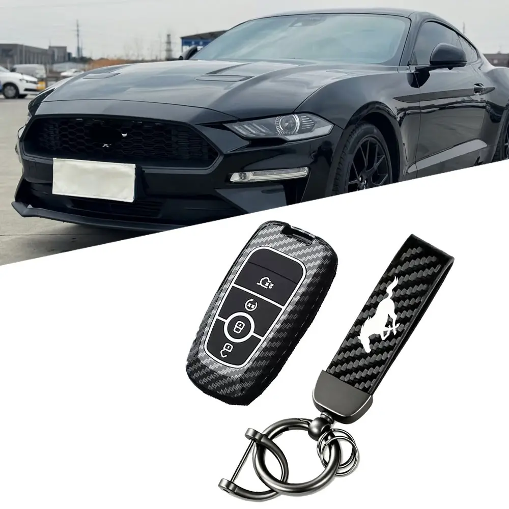 Carbon Fiber Texture Key Case with Keychain for Ford Mustang, Anti-Slip Shockproof Car Key Cover, Stylish Protection, Key Fob Cover