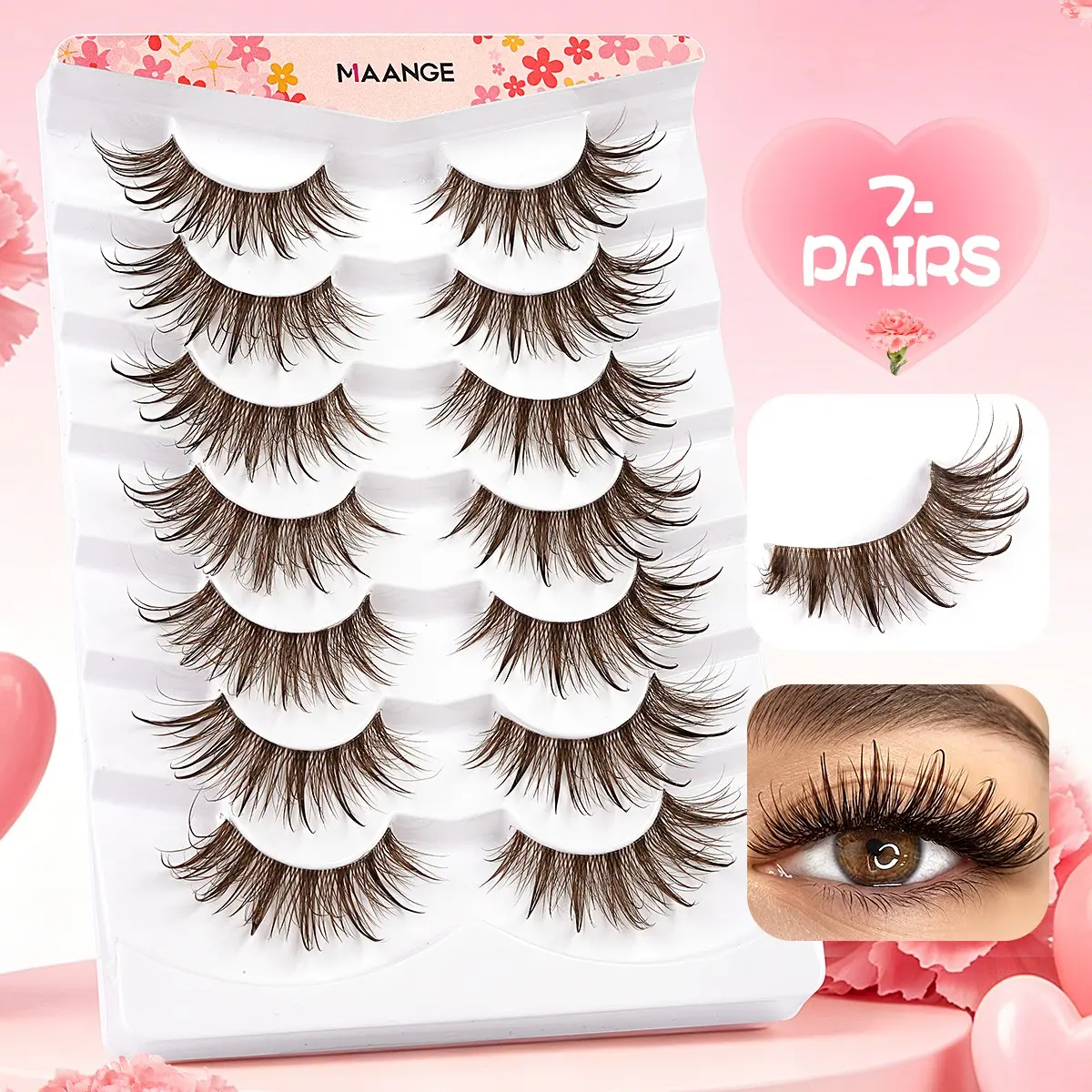 MAANGE 7 Pairs Brown C Curl Voluminous Lashes, Thick Stylish Eye Enlarging Effect, Lightweight Not Bulky, Reusable Practical Design, Delicate Lash Arrangement, Great for Charming Exquisite Eye Makeup