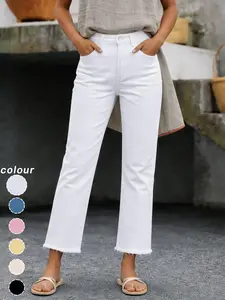 New Spring Summer Women's Fashion Simple Slim Fit Nine-Inch Pants, Small Straight Leg All-Season Commuter Frayed Hem Jeans