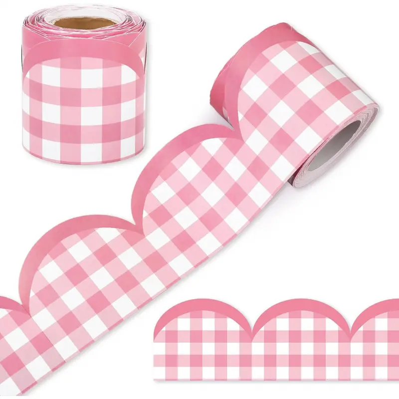 1 Roll Scalloped Bulletin Border - Blue White Gingham & Pink Plaid Trim, DIY Classroom Chalkboard & Party Decoration, Back to School & Summer Essentials, Bulletin Board Borders