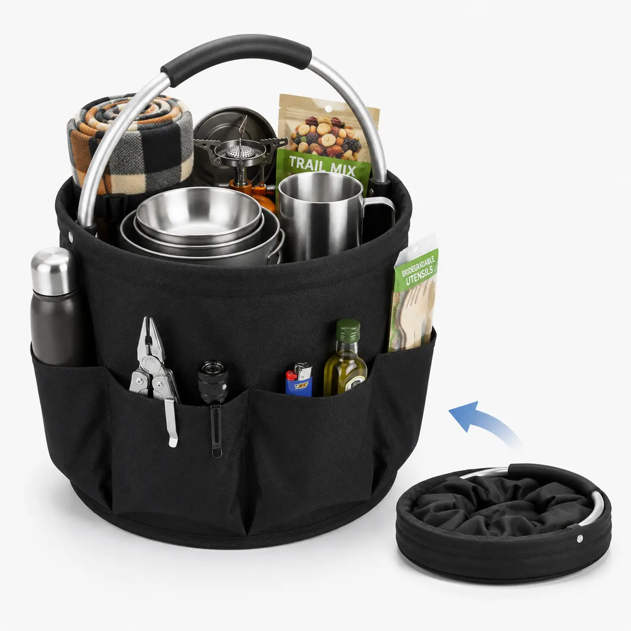 Foldable 16L Large Capacity Cleaning Caddy with Handle, Portable Storage Organizer for Home and Garden Cleaning Supplies, Black
