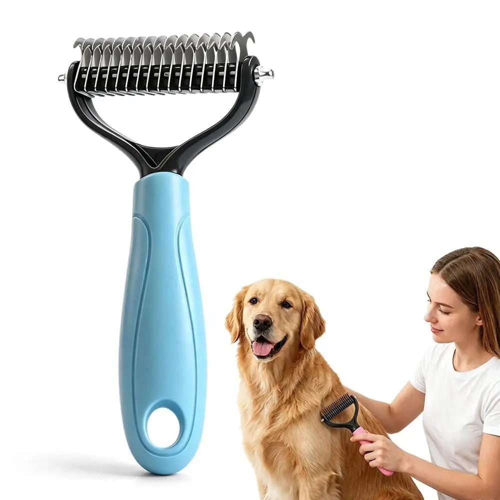 2-in-1 Stainless Steel Dog & Cat Dematting Comb - Dual Sided Pet Grooming Tool with Curved Teeth, Undercoat Rake & Deshedding Brush for Detangling Hair, Reducing Shed & Removing Tangles, Knots, Detangle Hair