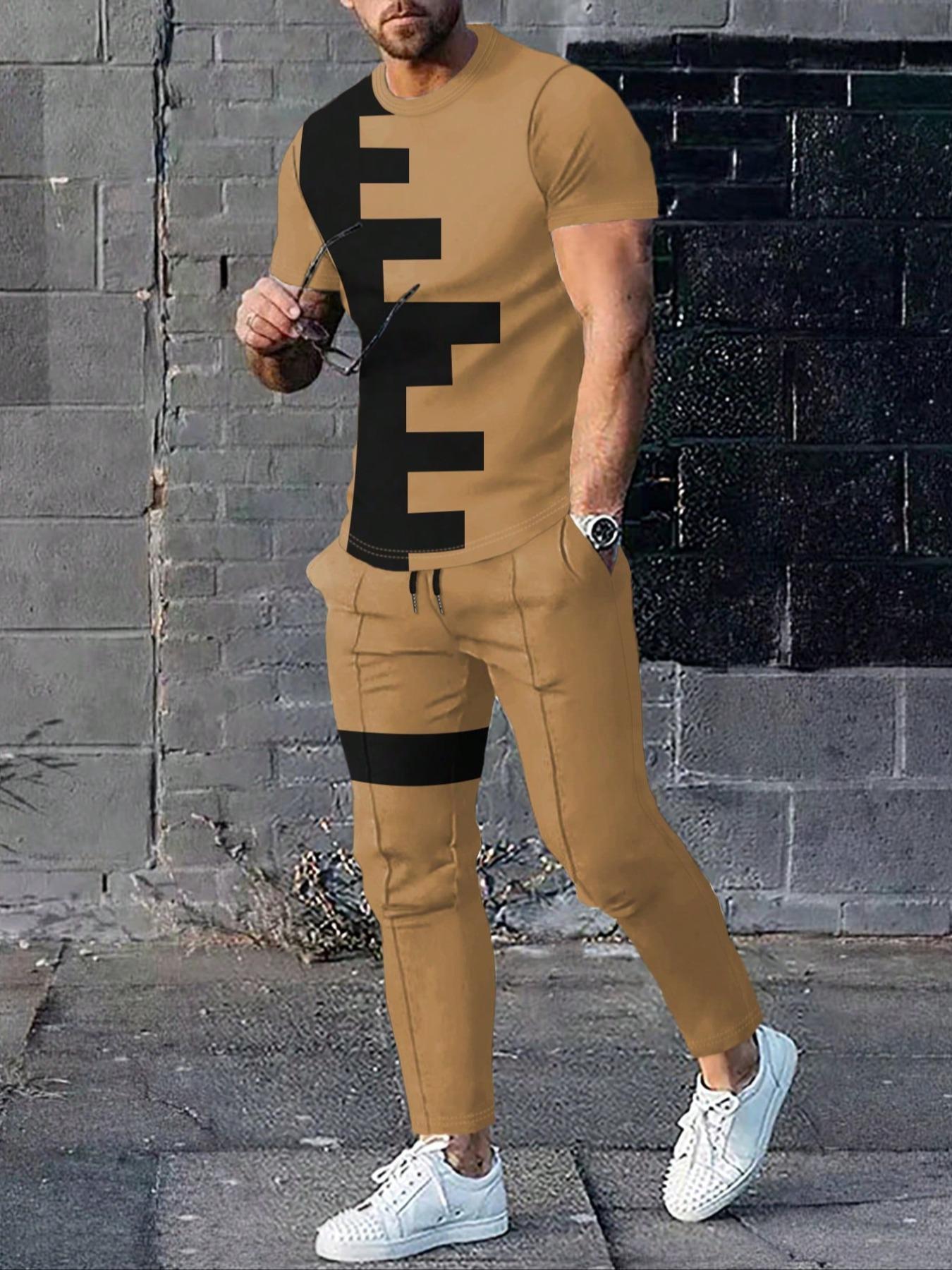 Two Counts Men's Patchwork Colorblock Print Pocket Pants Set, Casual Short Sleeve Tee & Drawstring Waist Pants, Men's 2 Piece Set, Fashion Men's Outfits For Summer, Clothing