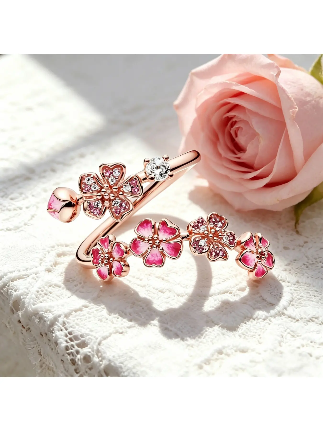Elegant rose gold peach blossom diamond ring for women, the perfect gift for your girlfriend.