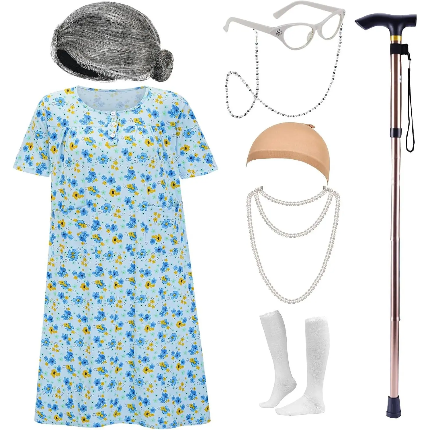 Women's Halloween Old Lady Costume, Granny Dress with Accessories(Gift)