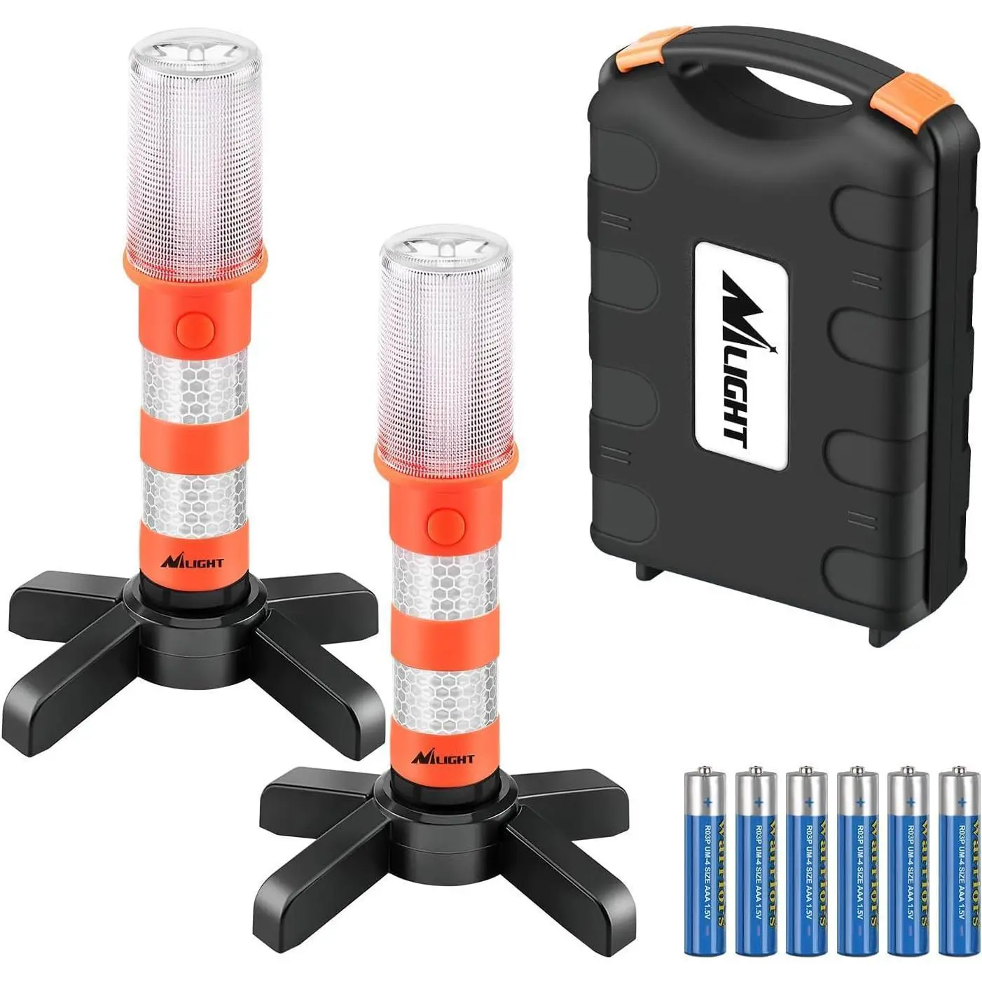 Nilight Compact LED Emergency Safety Flashing Warning Light Roadside Kit Set for Cars/Trucks - 2 Pack, 6 AAA Batteries, 3 LED Lighting Modes, Magnetic Mount, Detachable Stand, Solid Storage Case, 3 Different Led Lighting Modes, 3 Modes