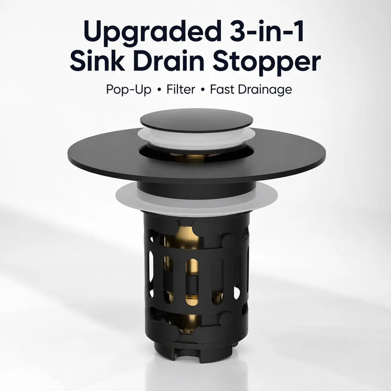 3-in-1 Universal Bathroom Sink Stopper, Pop-Up Drain Strainer with Removable Stainless Steel Hair Catcher Basket, Anti-Clog Sink Plug with Brass Bounce Core