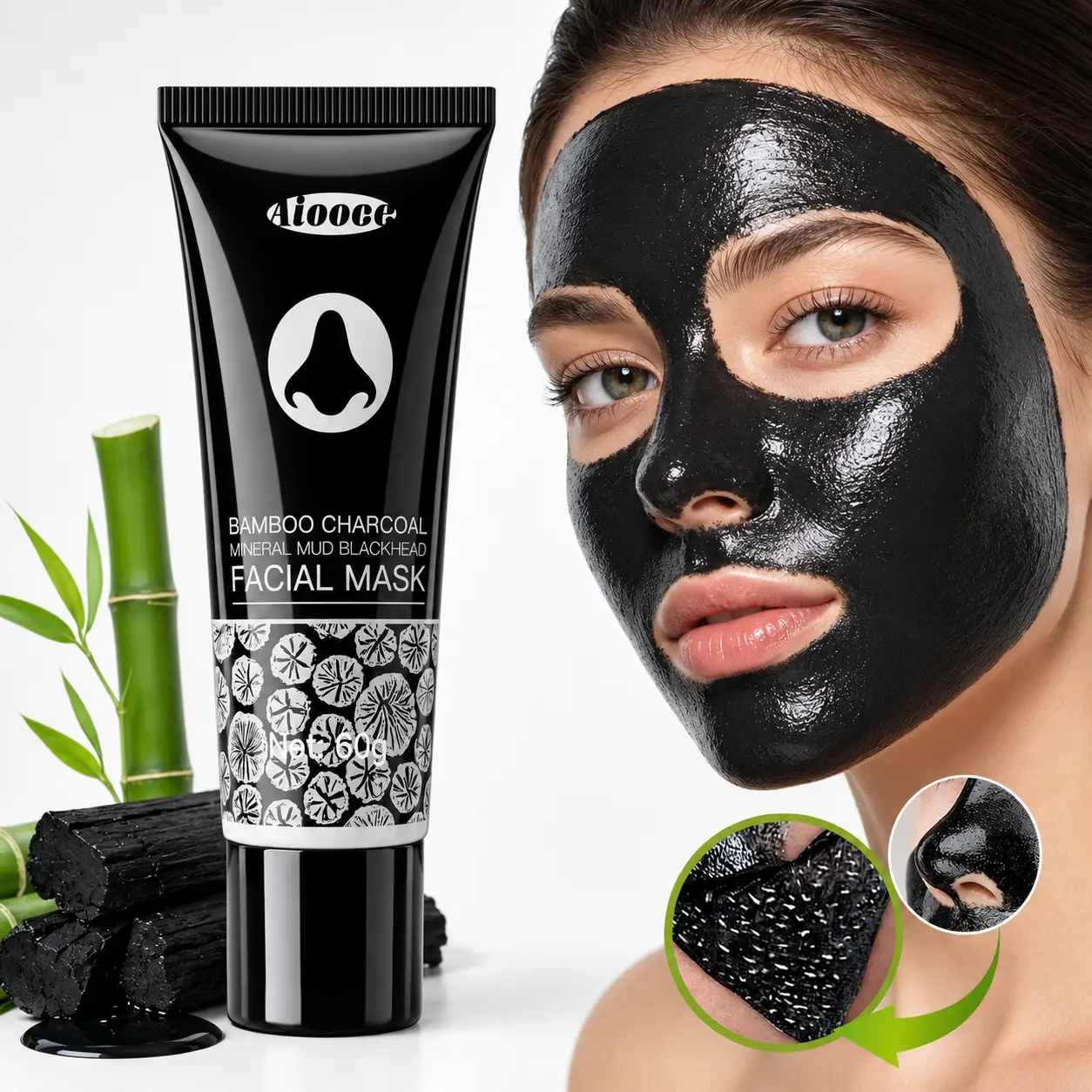 Bamboo Charcoal Clay Facial Mask - 60g Deep Cleansing Mud Treatment for Most Skin Types, Purifies, Removes Blackheads, Leaves Smooth, Daily Use