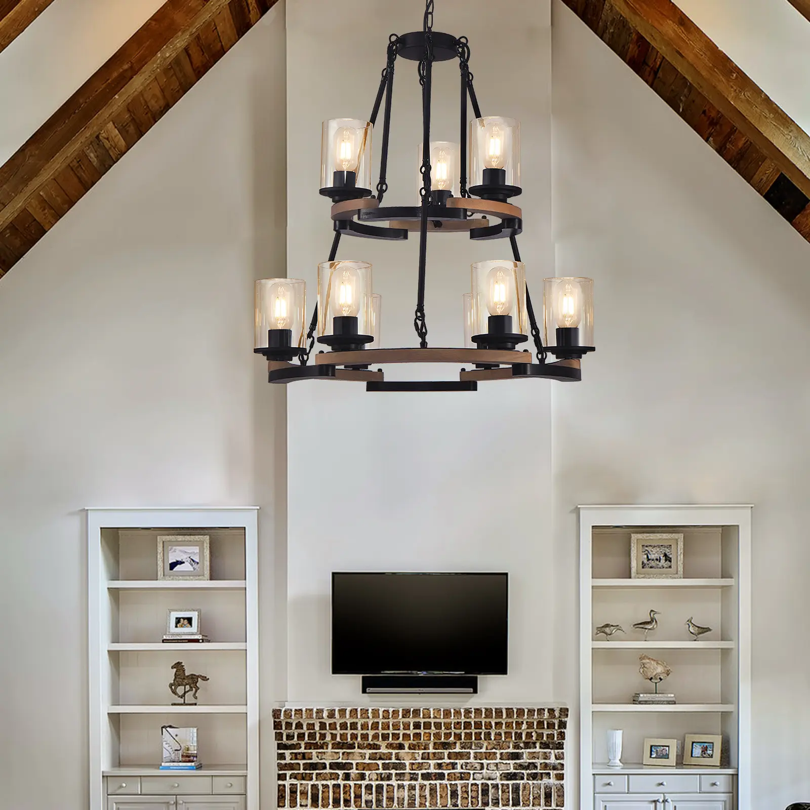 ARCH 9-Light Vintage Wagon Wheel Chandelier Rustic Farmhouse Black Iron Wood Ceiling Light Fixture Adjustable Height 26-Inch Wide for Dining Room Living Room Entryway Kitchen Hallway Foyer, Black+Brown Color Options, Glass+Metal/Wood Material