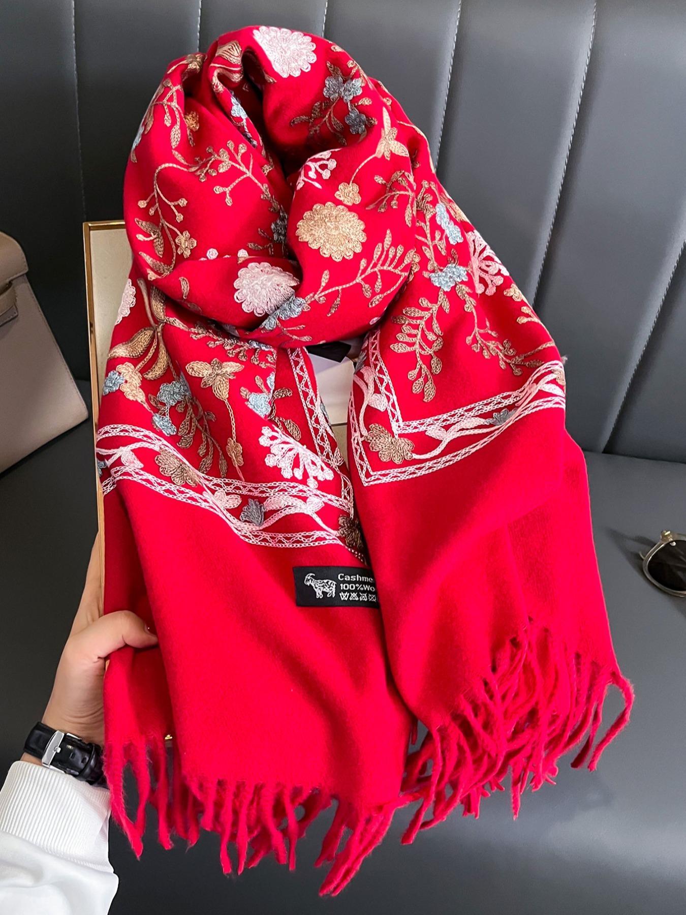 Boho Style Plant Embroidery Double Sided Scarf, Casual Soft Warm Fringe Trim Floral Embroidered Shawl for Women & Men, Fashion Accessories for Daily Wear